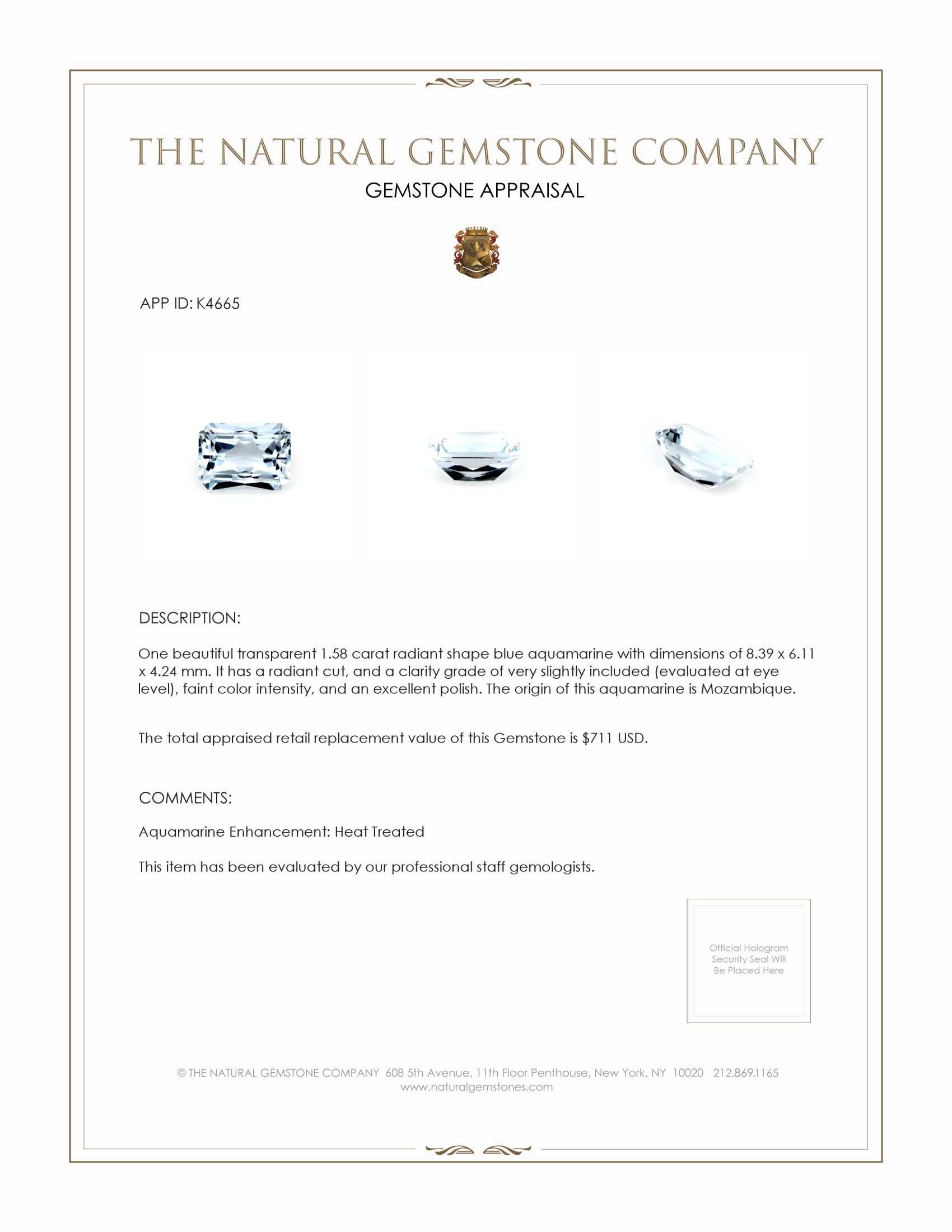 1.58 Ct. Aquamarine from Mozambique