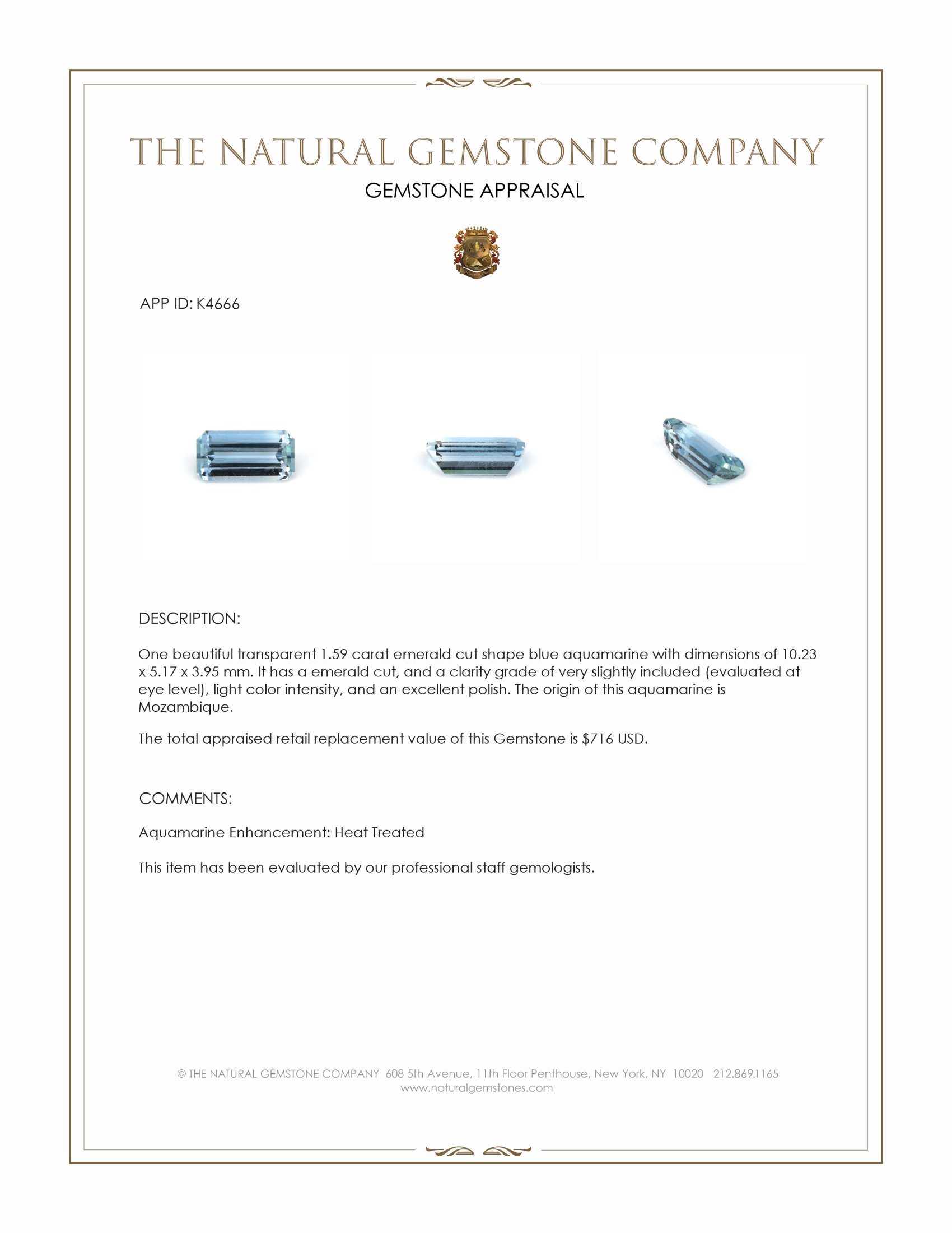 1.59 Ct. Blue Aquamarine from Mozambique