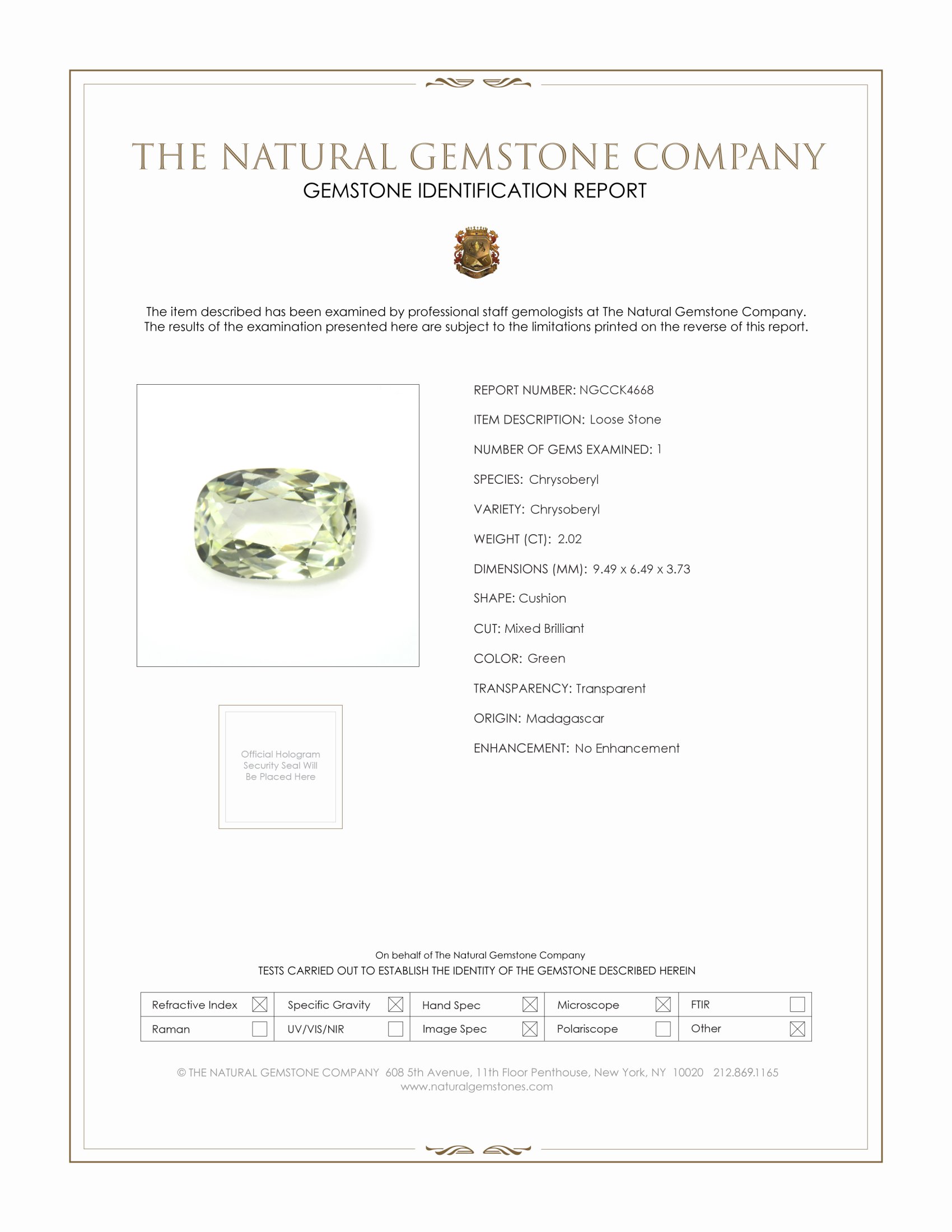 2.02 Ct. Green Chrysoberyl from Madagascar