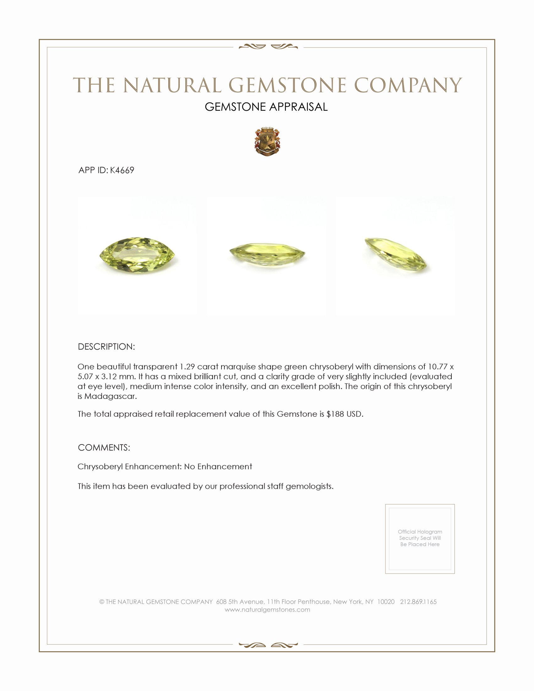 1.29 Ct. Green Chrysoberyl from Madagascar