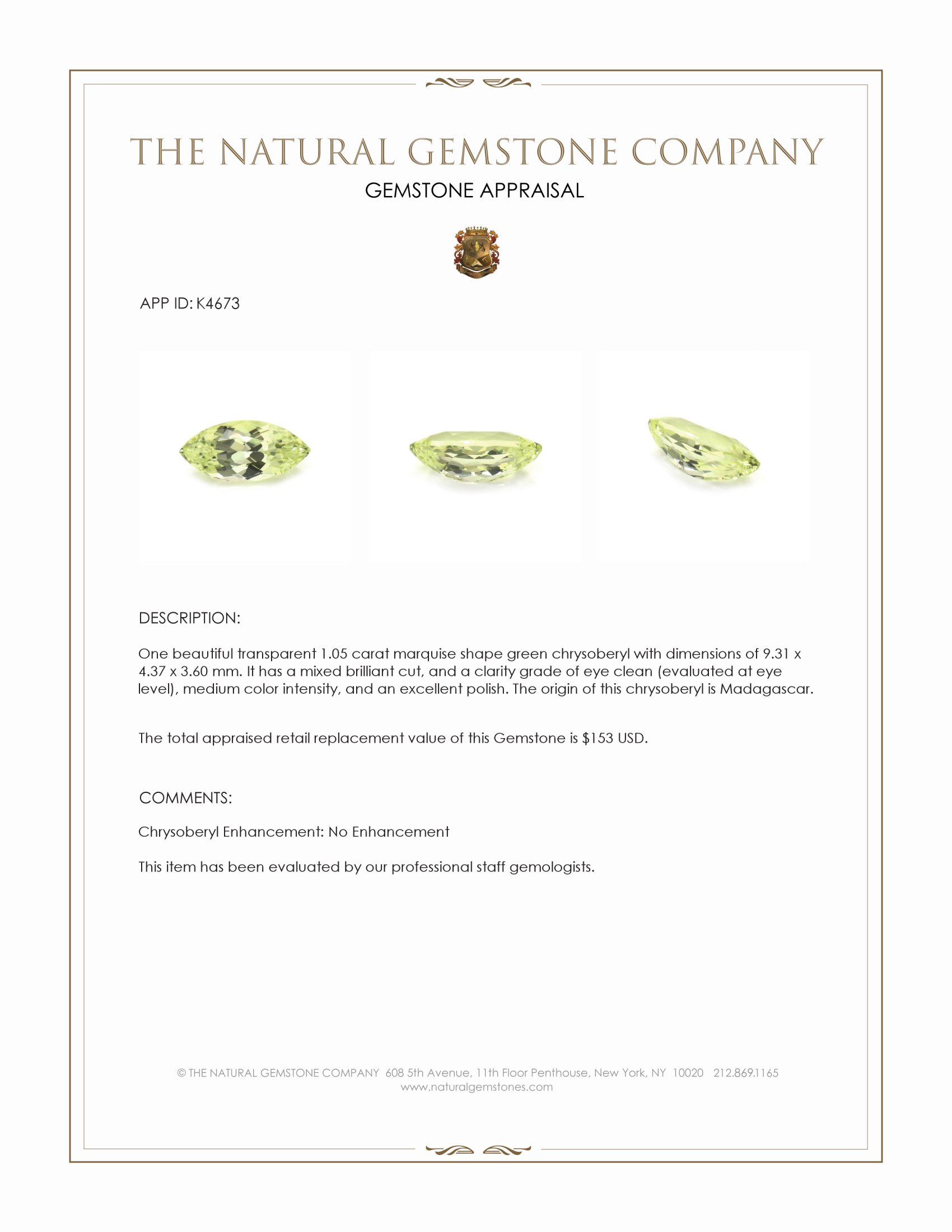 1.05 Ct. Chrysoberyl from Madagascar