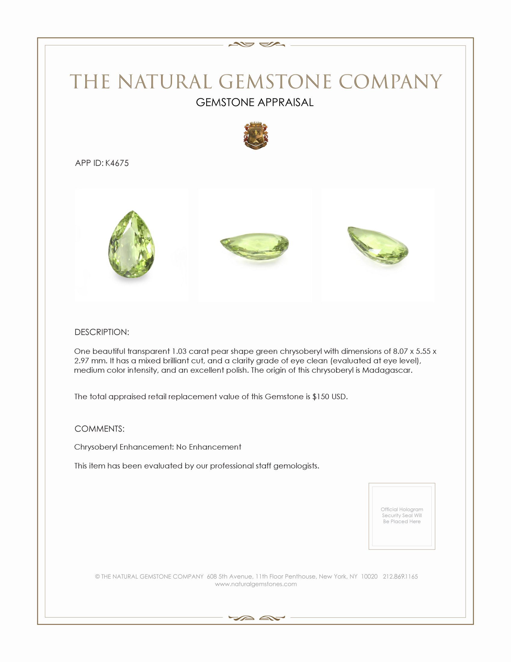 1.03 Ct. Green Chrysoberyl from Madagascar