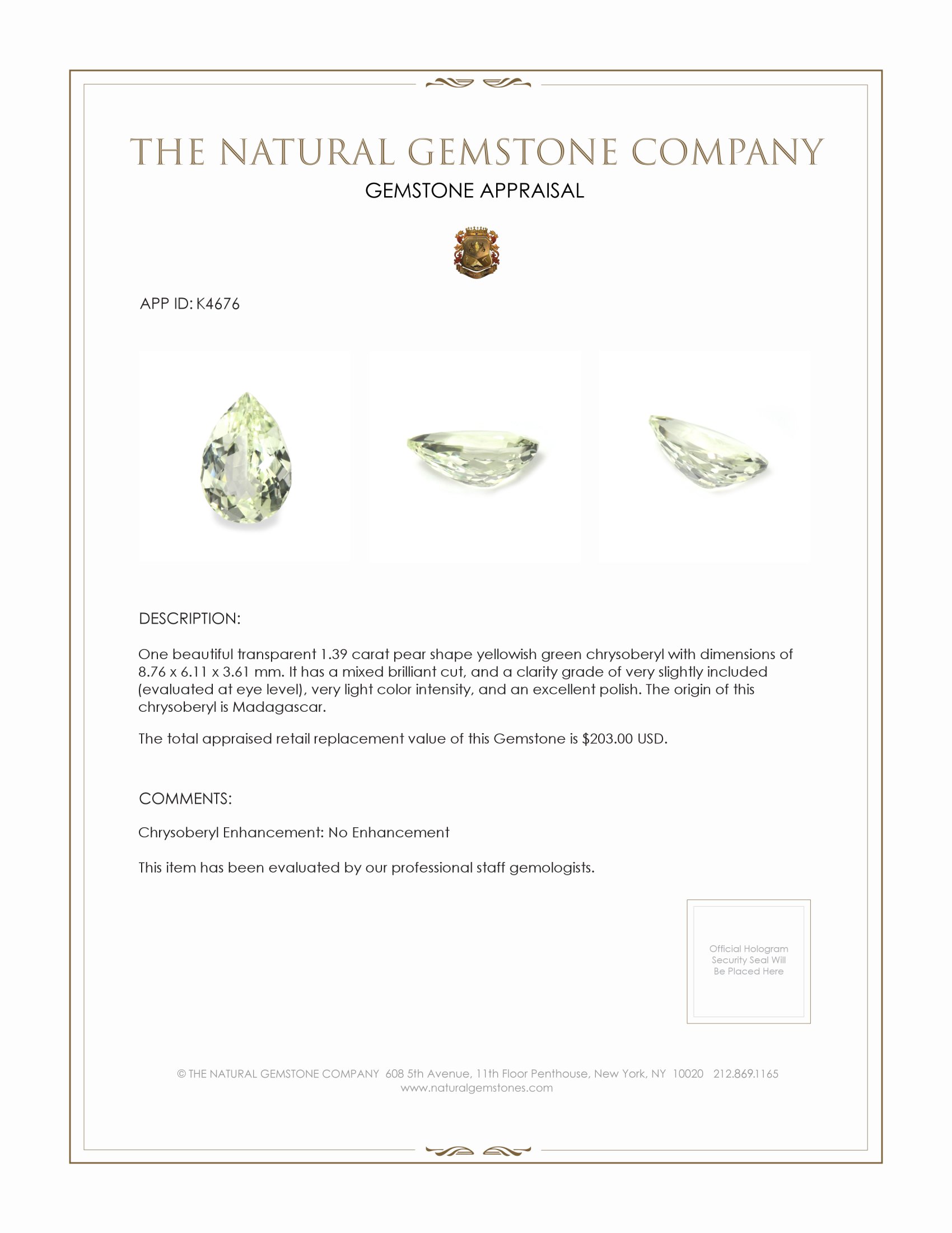 1.39 Ct. Chrysoberyl from Madagascar