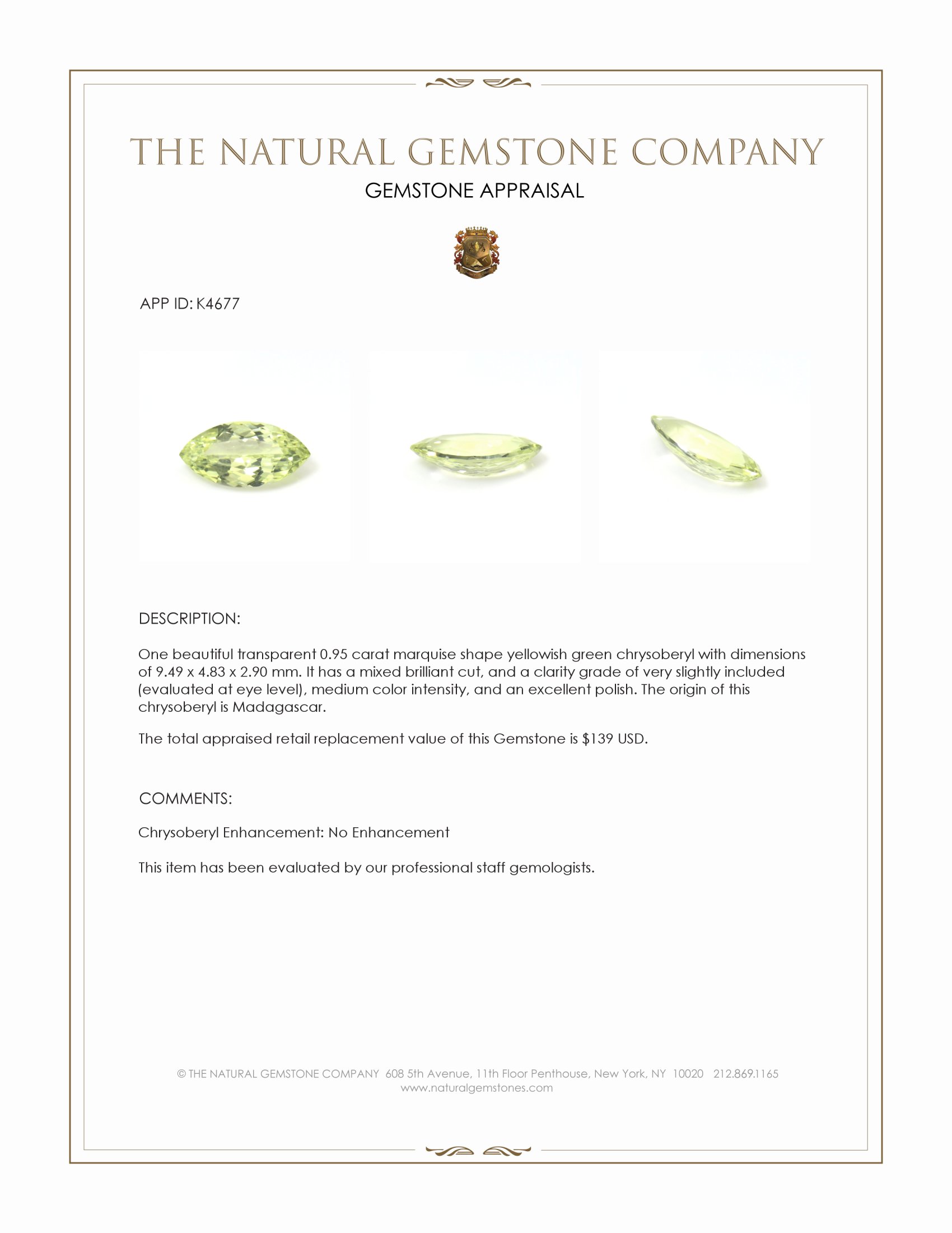 0.95 Ct. Yellowish Green Chrysoberyl from Madagascar