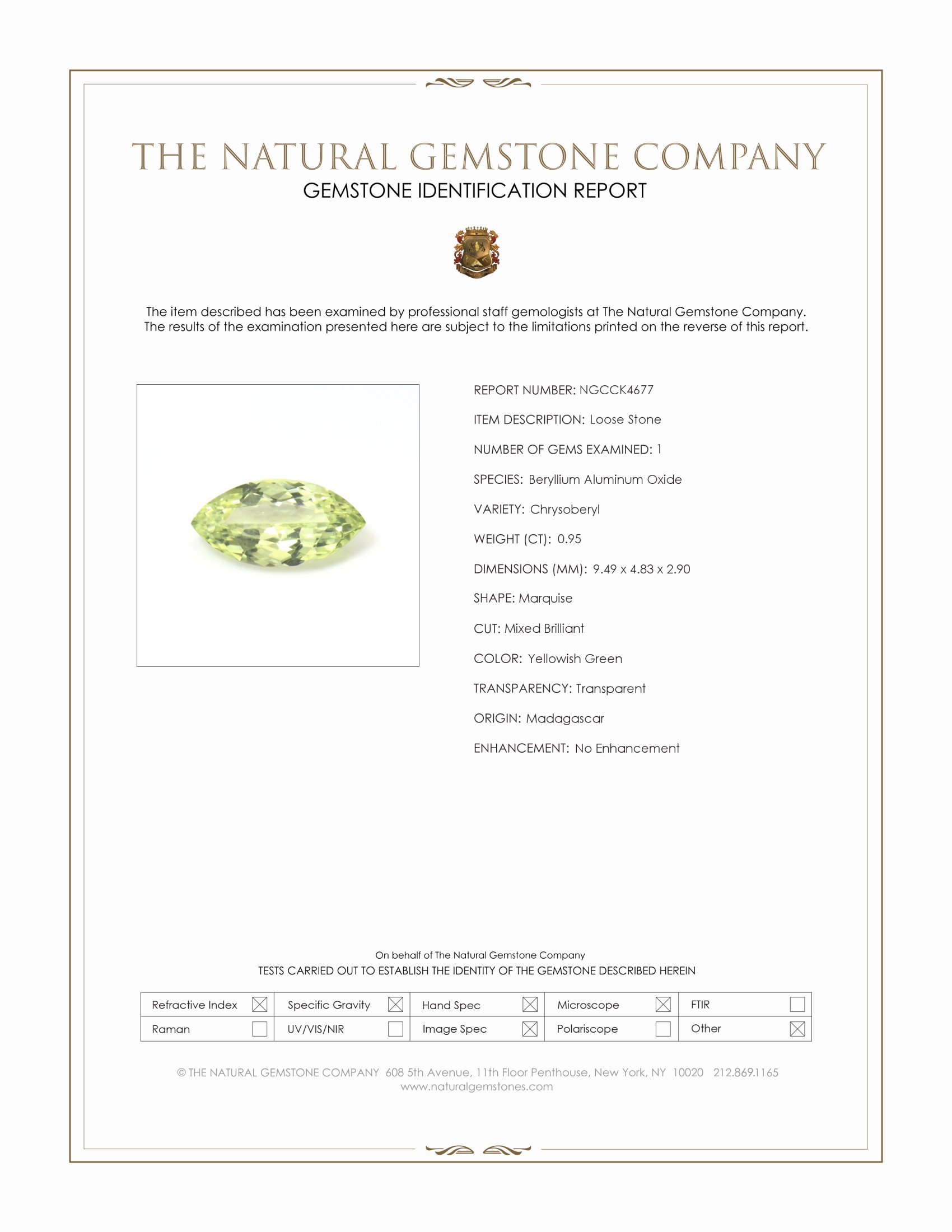 0.95 Ct. Yellowish Green Chrysoberyl from Madagascar