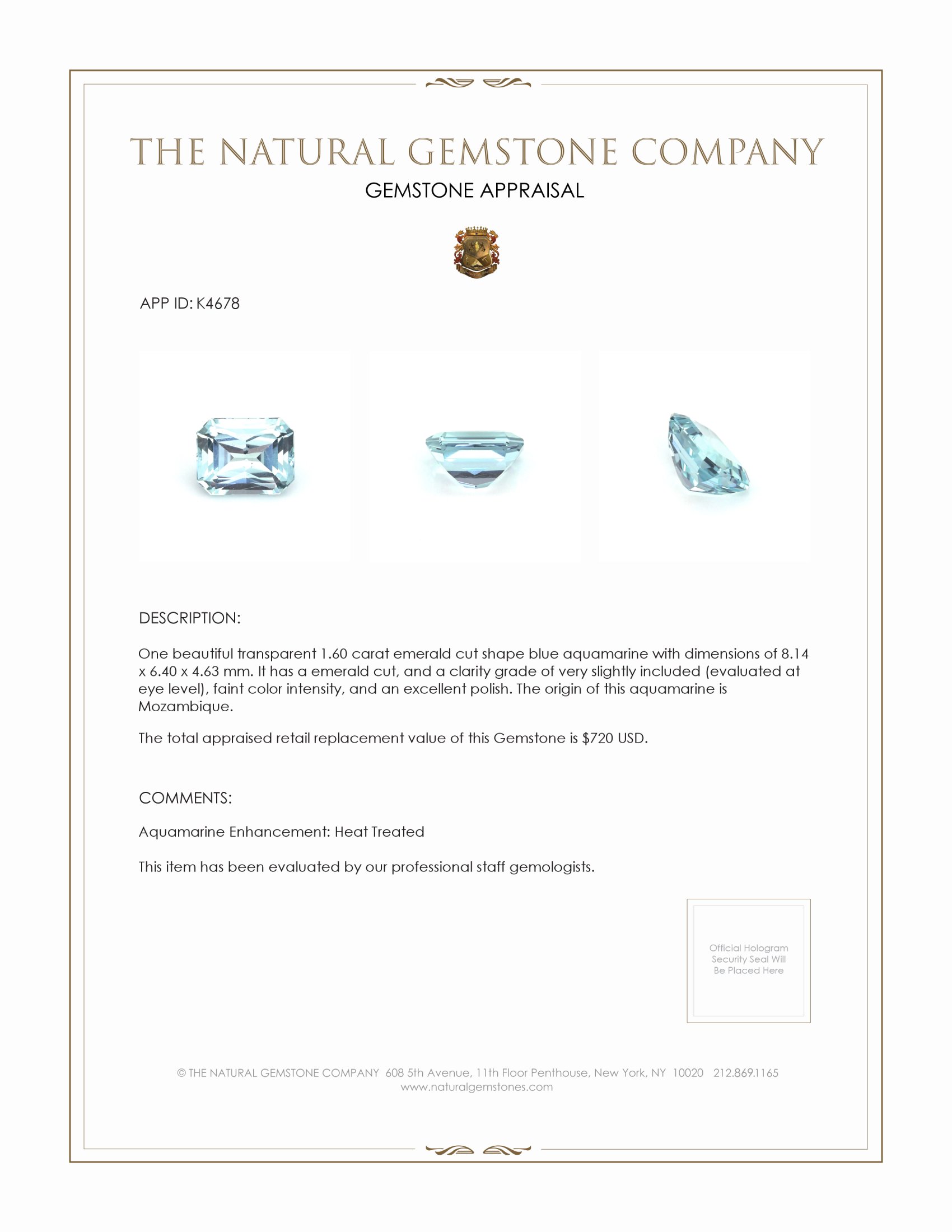 1.60 Ct. Aquamarine from Mozambique