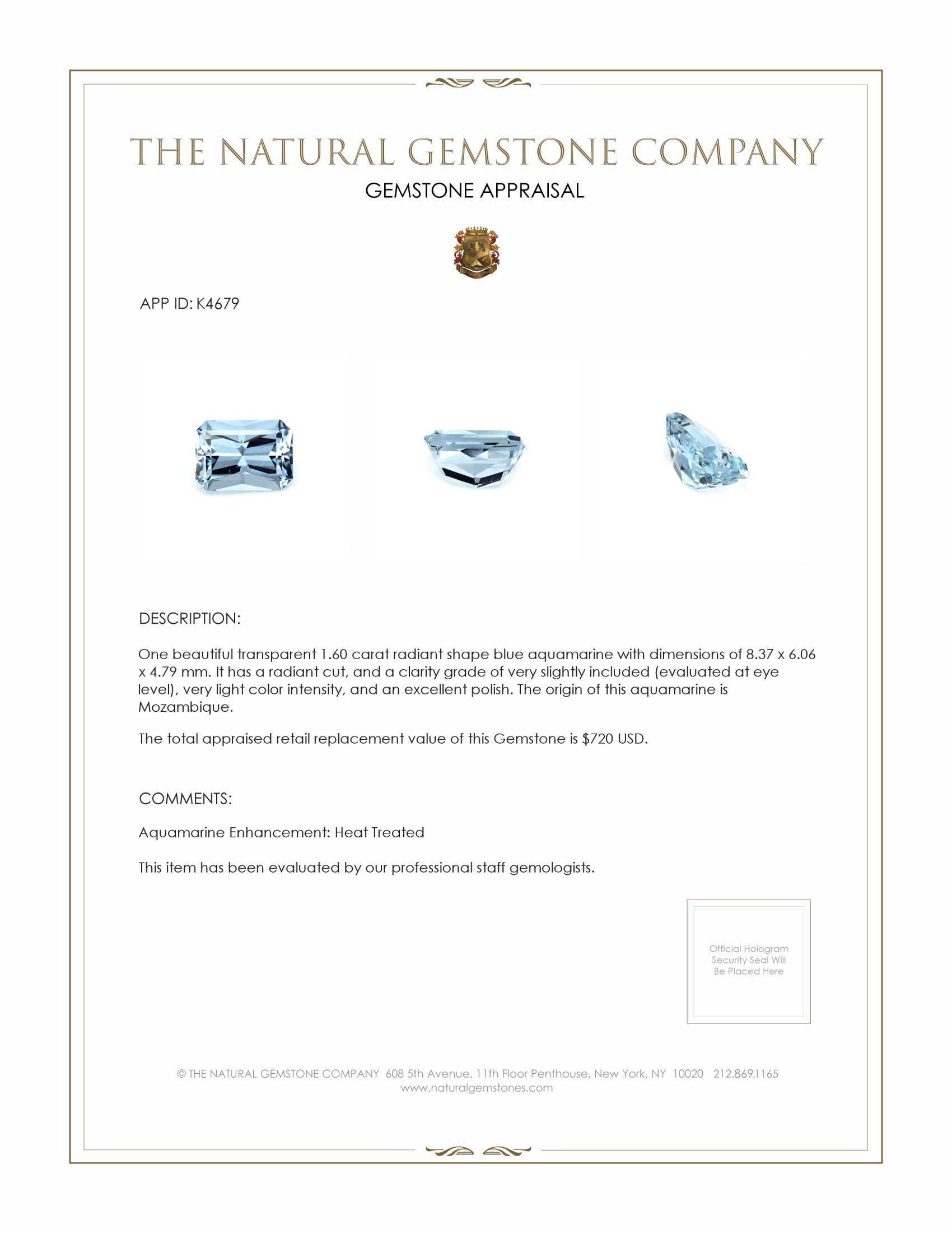 1.60 Ct. Aquamarine from Mozambique