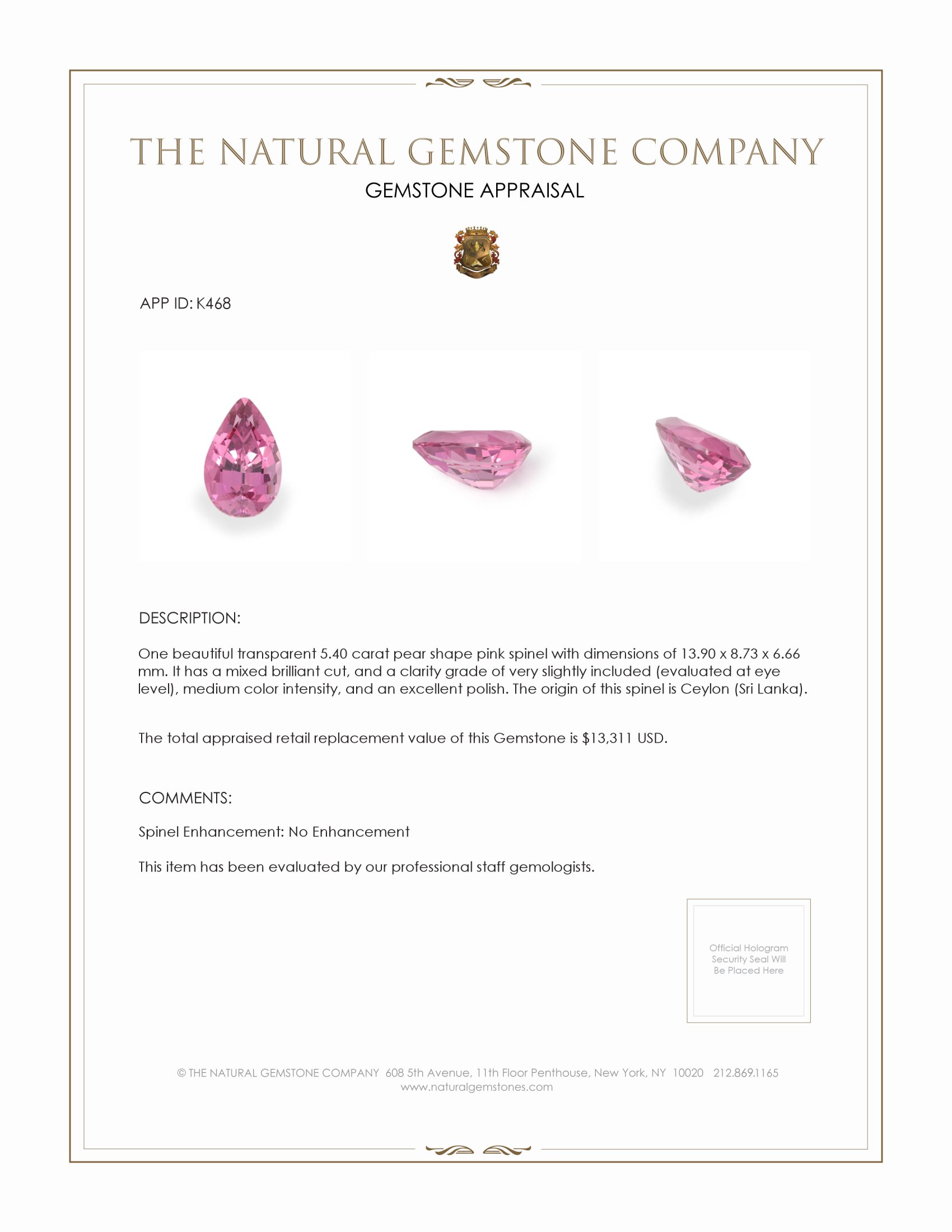 5.40 Ct. Pink Spinel from Ceylon (Sri Lanka)