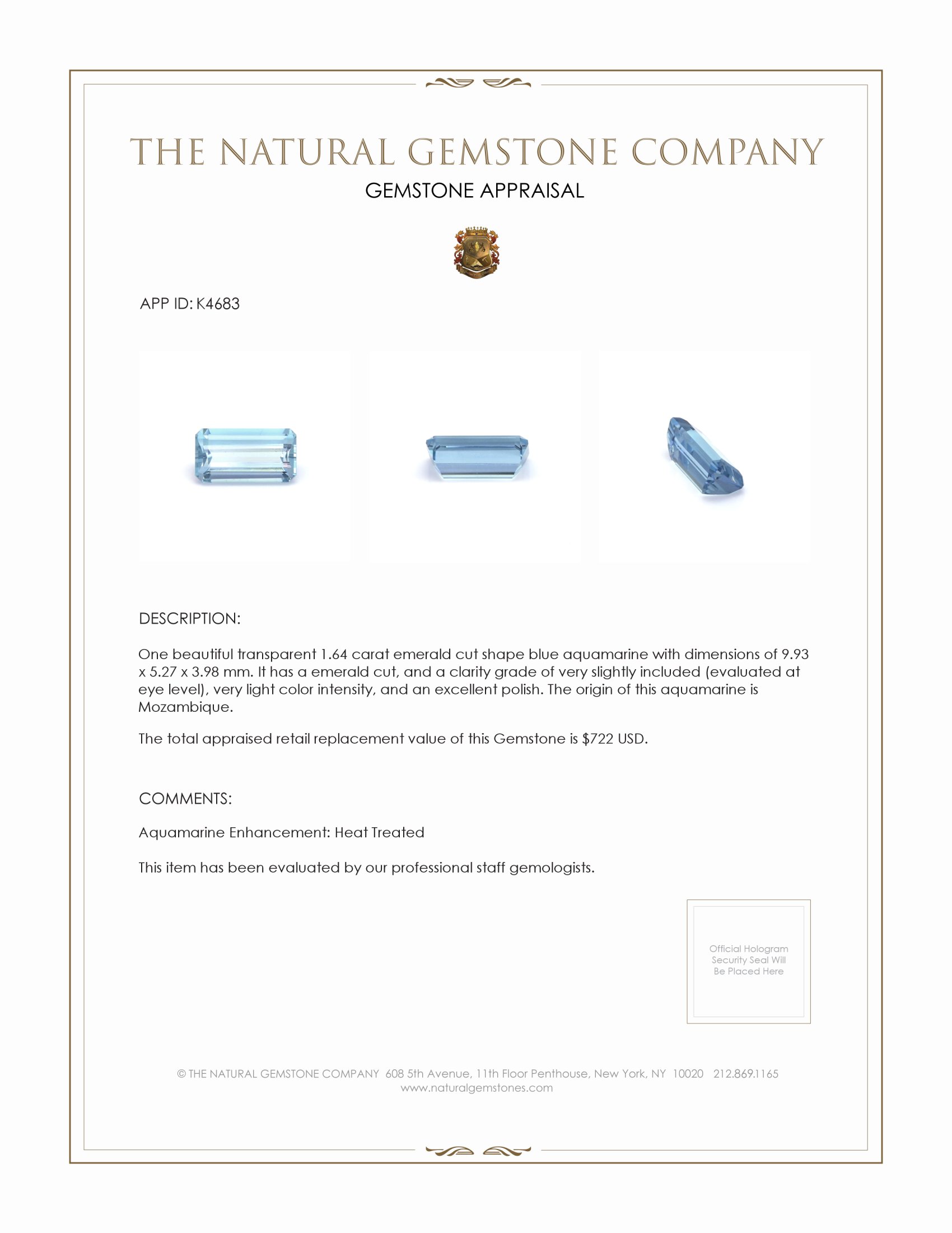 1.64 Ct. Aquamarine from Mozambique