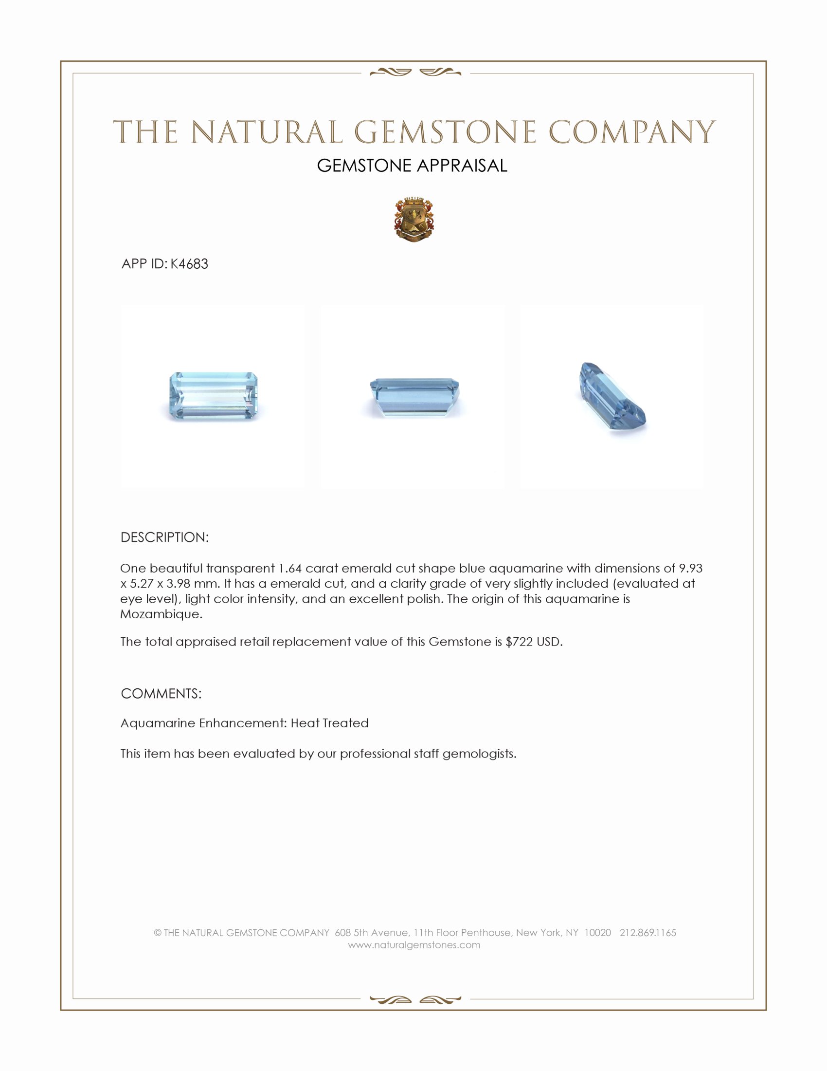 1.64 Ct. Blue Aquamarine from Mozambique