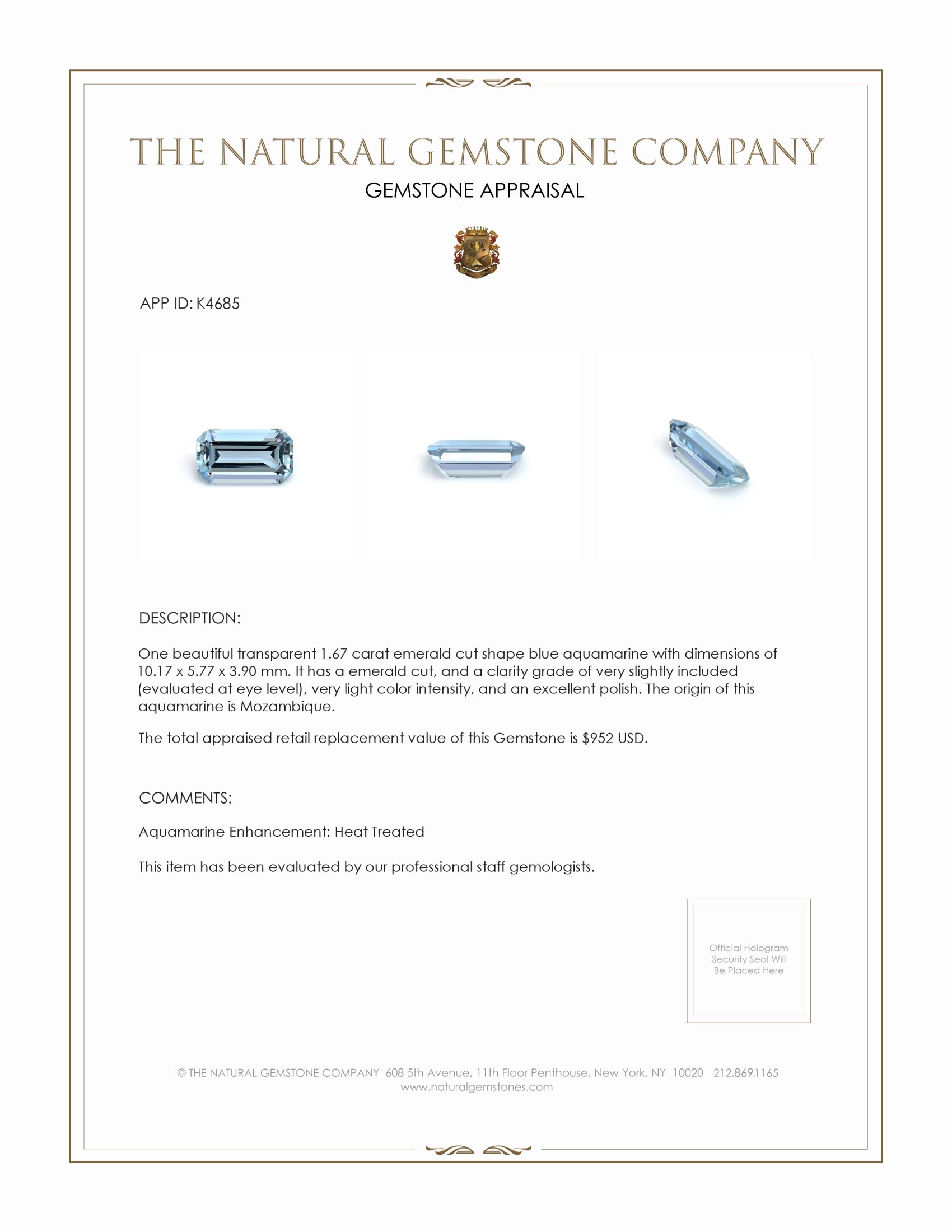 1.67 Ct. Blue Aquamarine from Mozambique