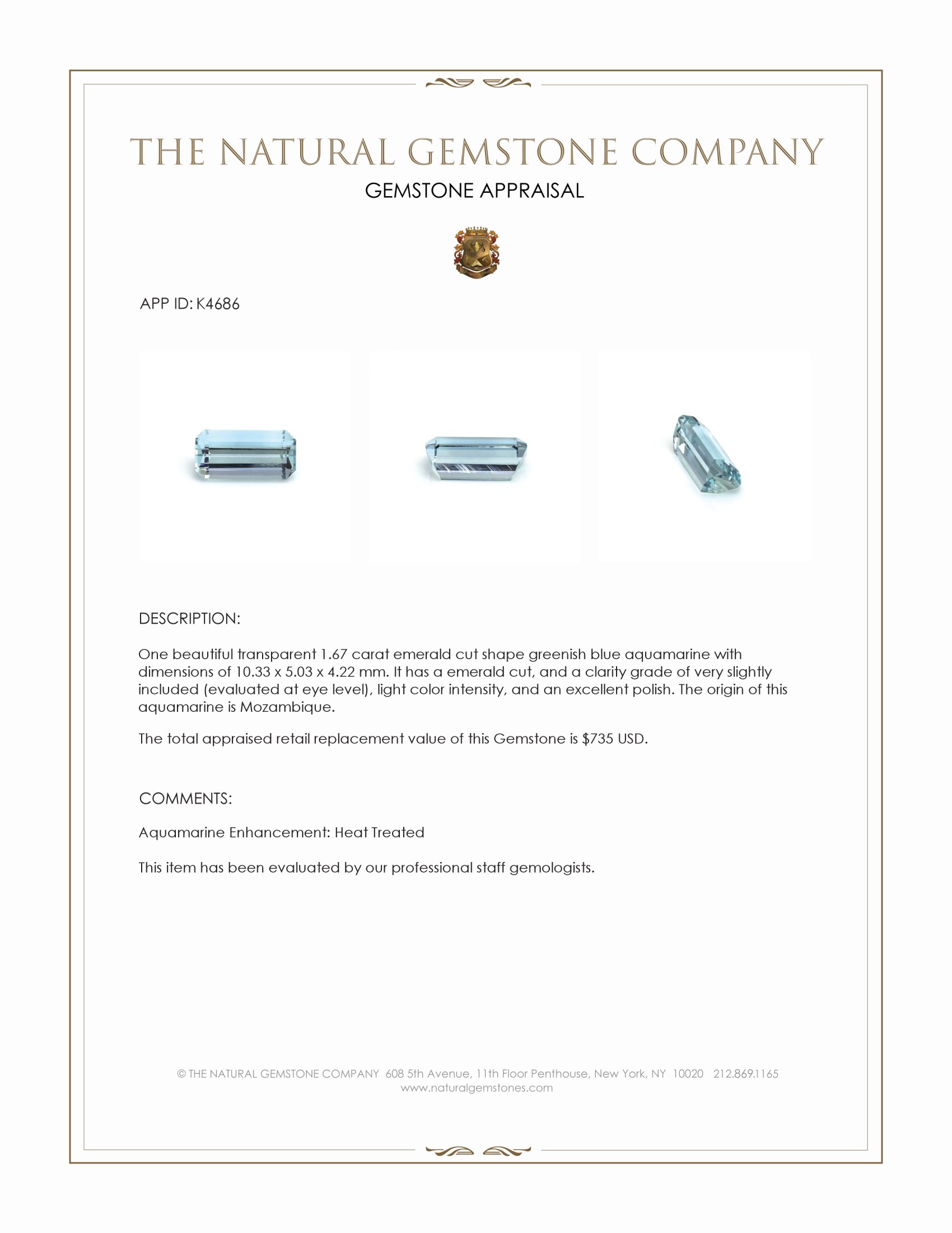 1.67 Ct. Greenish Blue Aquamarine from Mozambique