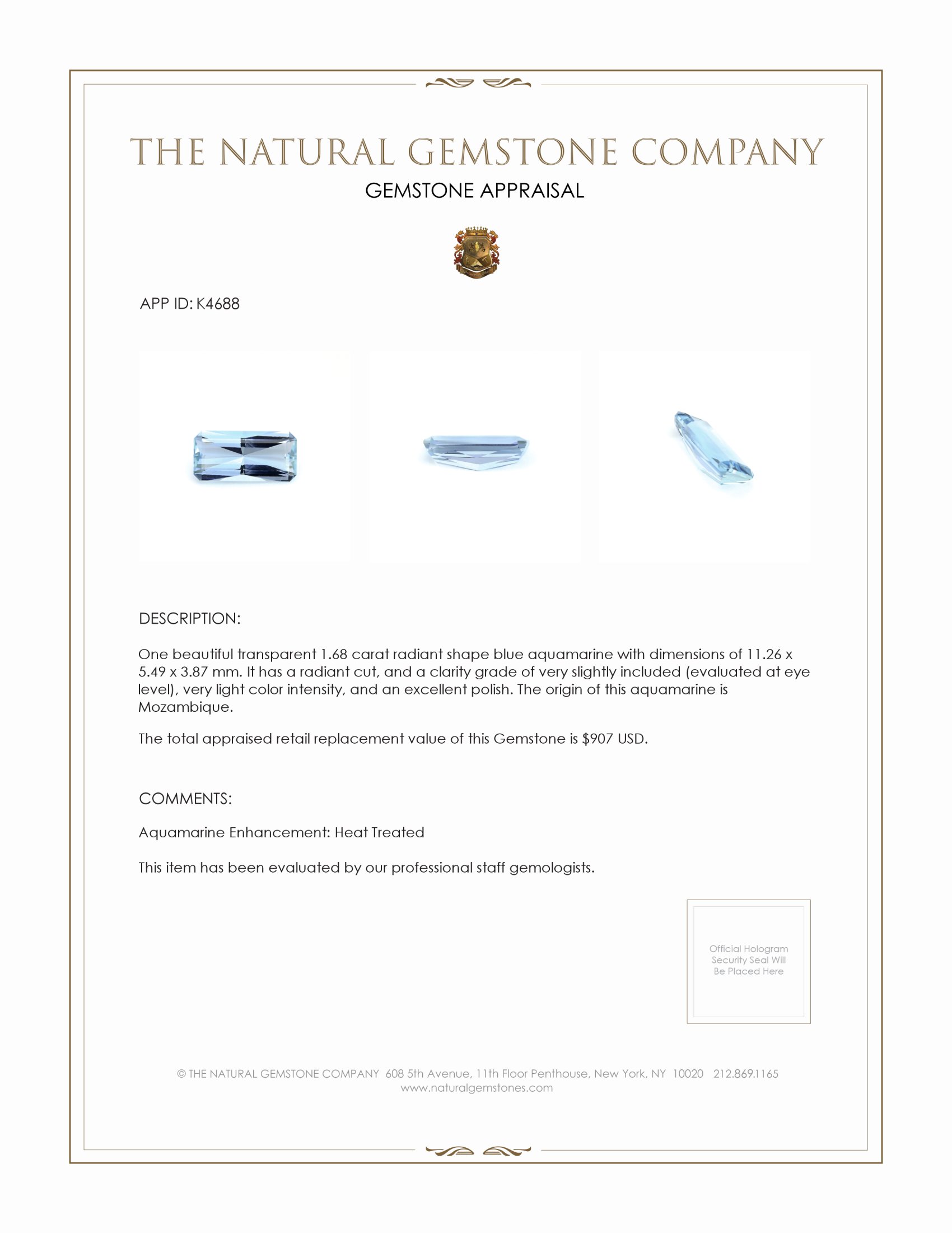 1.68 Ct. Aquamarine from Mozambique