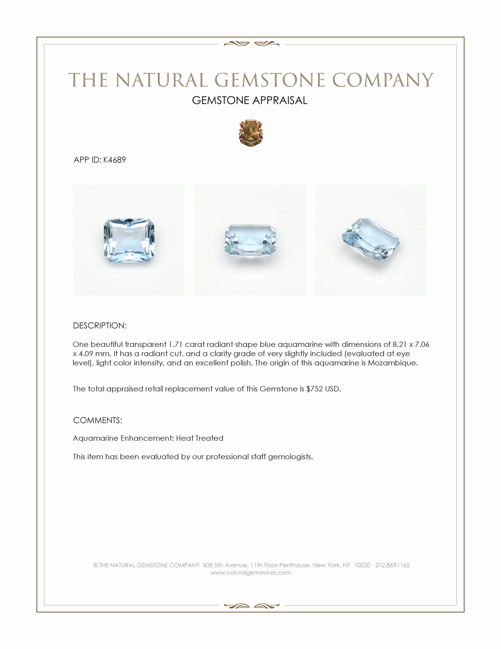 1.71 Ct. Blue Aquamarine from Mozambique