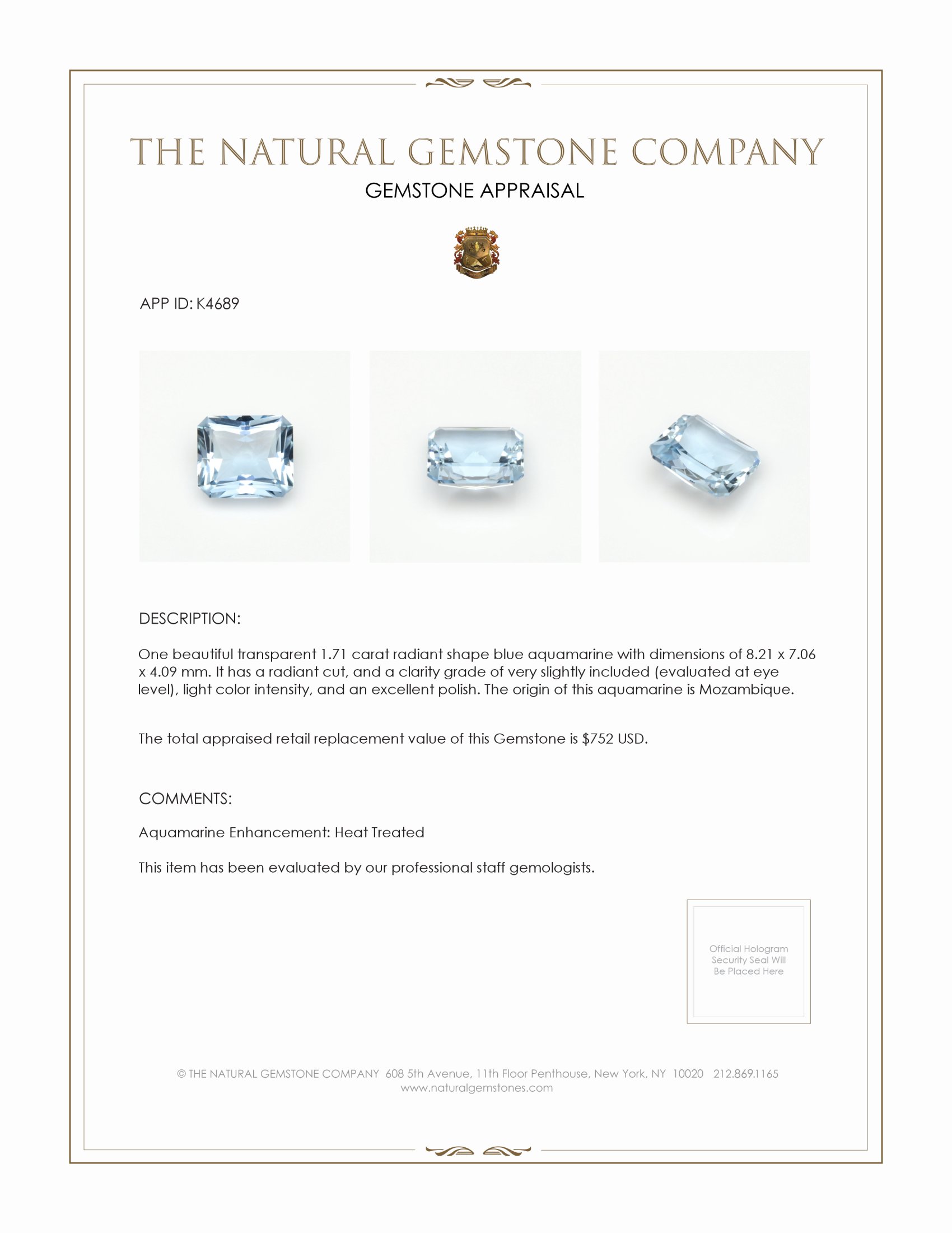 1.71 Ct. Aquamarine from Mozambique