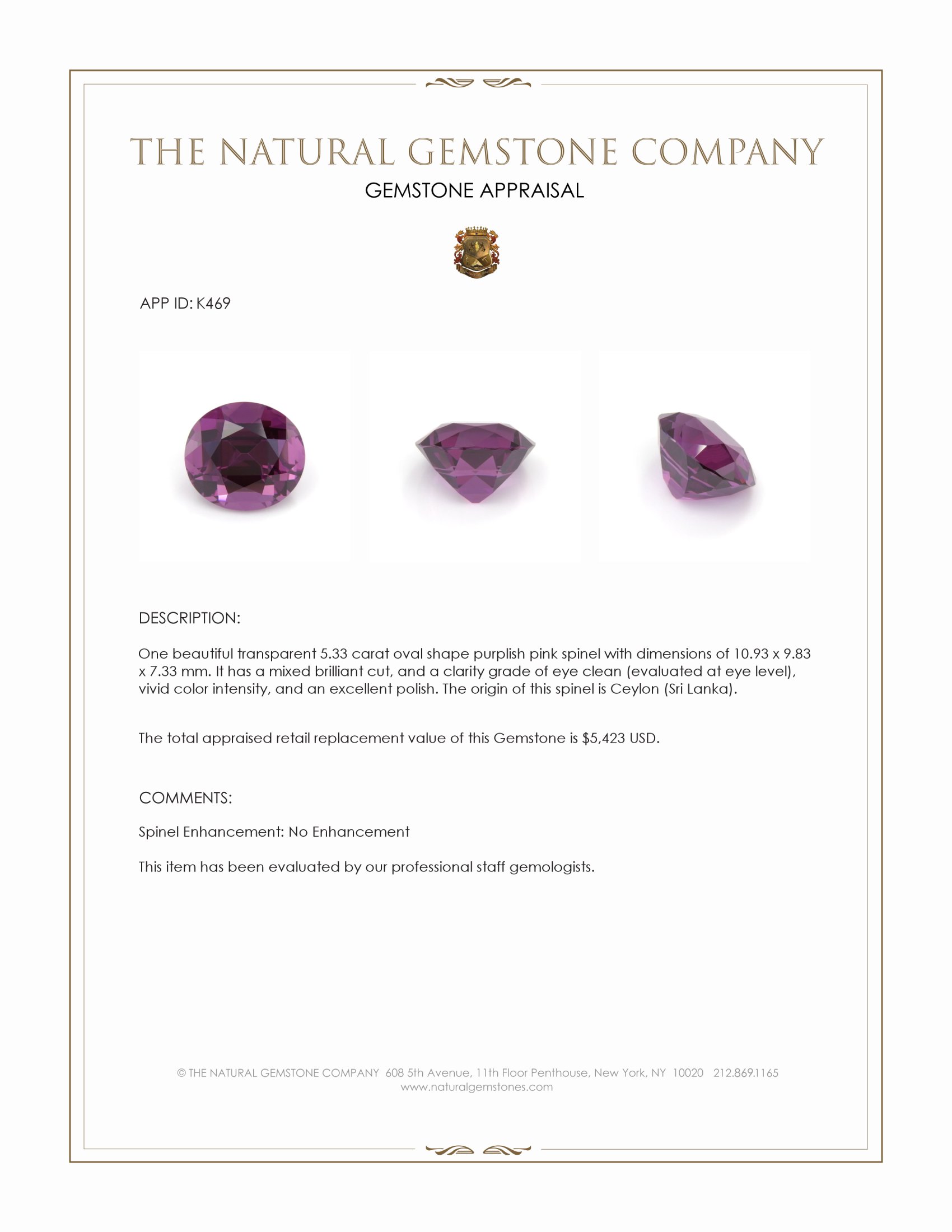 5.33 Ct. Purplish Pink Spinel from Ceylon (Sri Lanka)