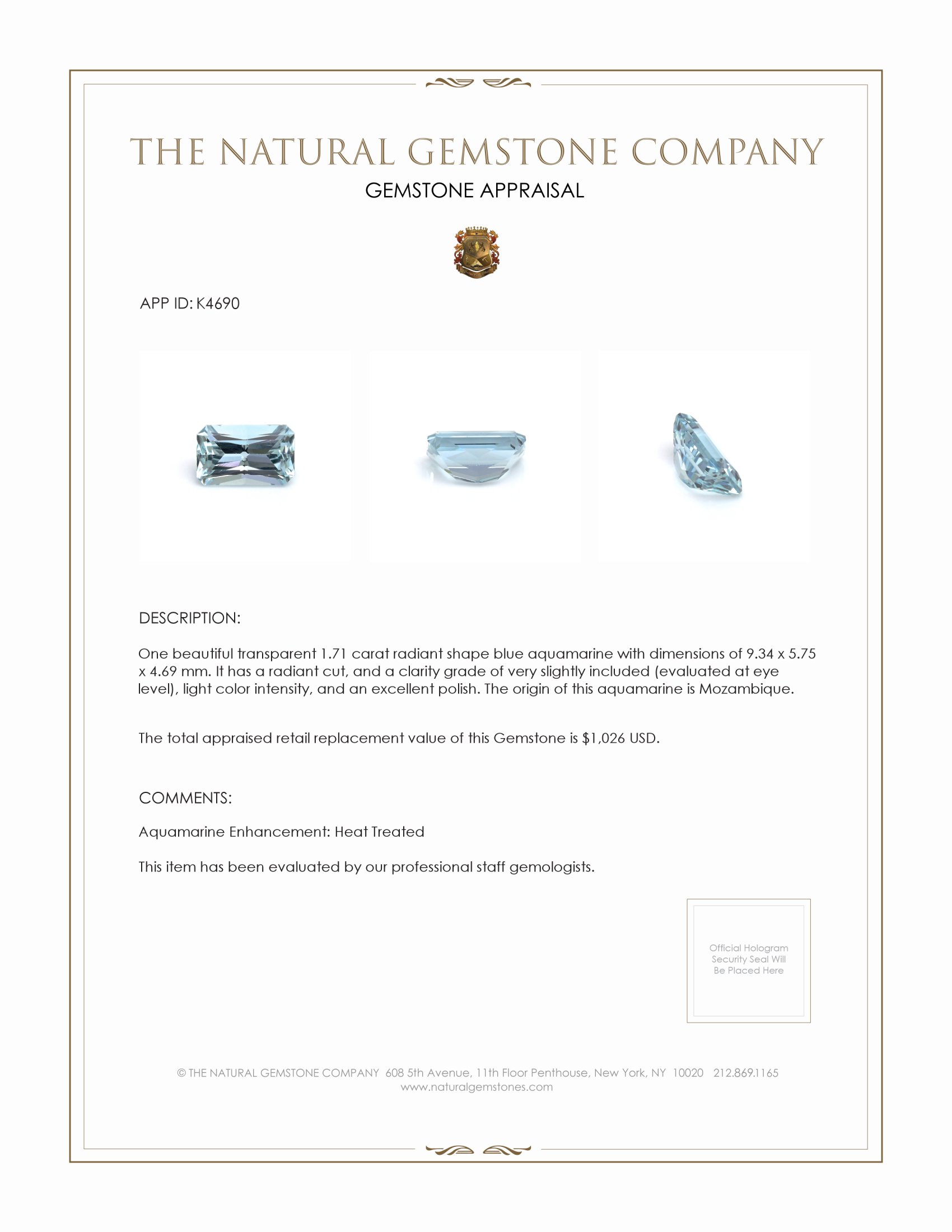 1.71 Ct. Aquamarine from Mozambique
