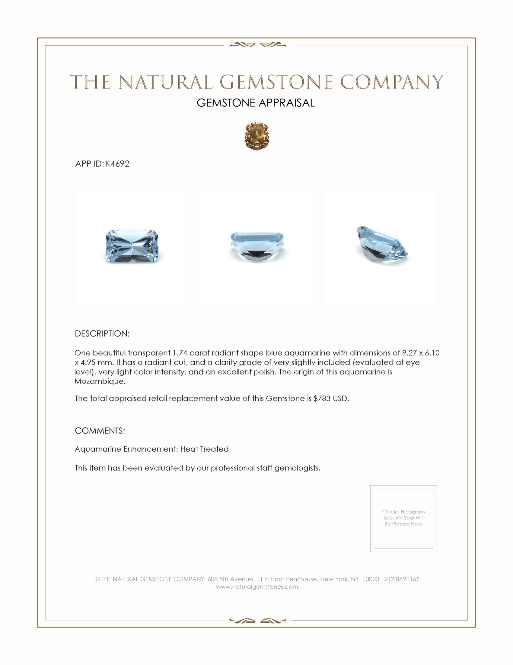 1.74 Ct. Aquamarine from Mozambique