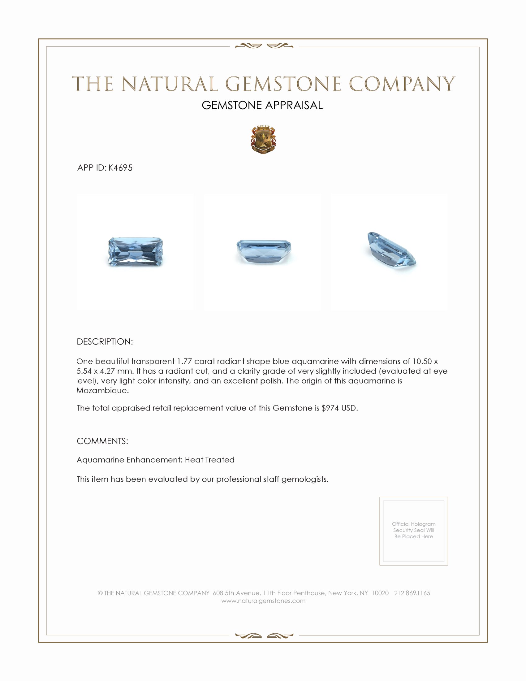 1.77 Ct. Aquamarine from Mozambique