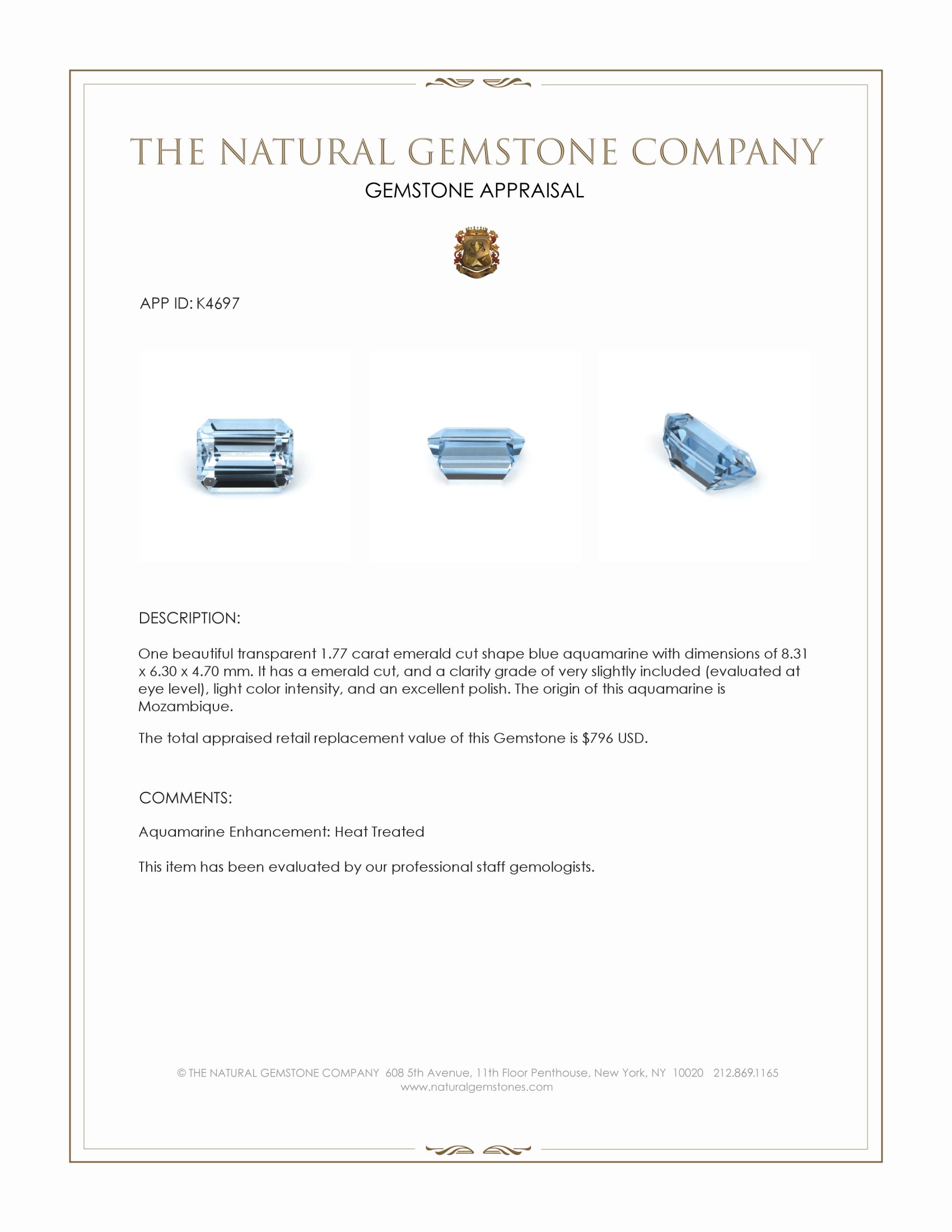 1.77 Ct. Blue Aquamarine from Mozambique