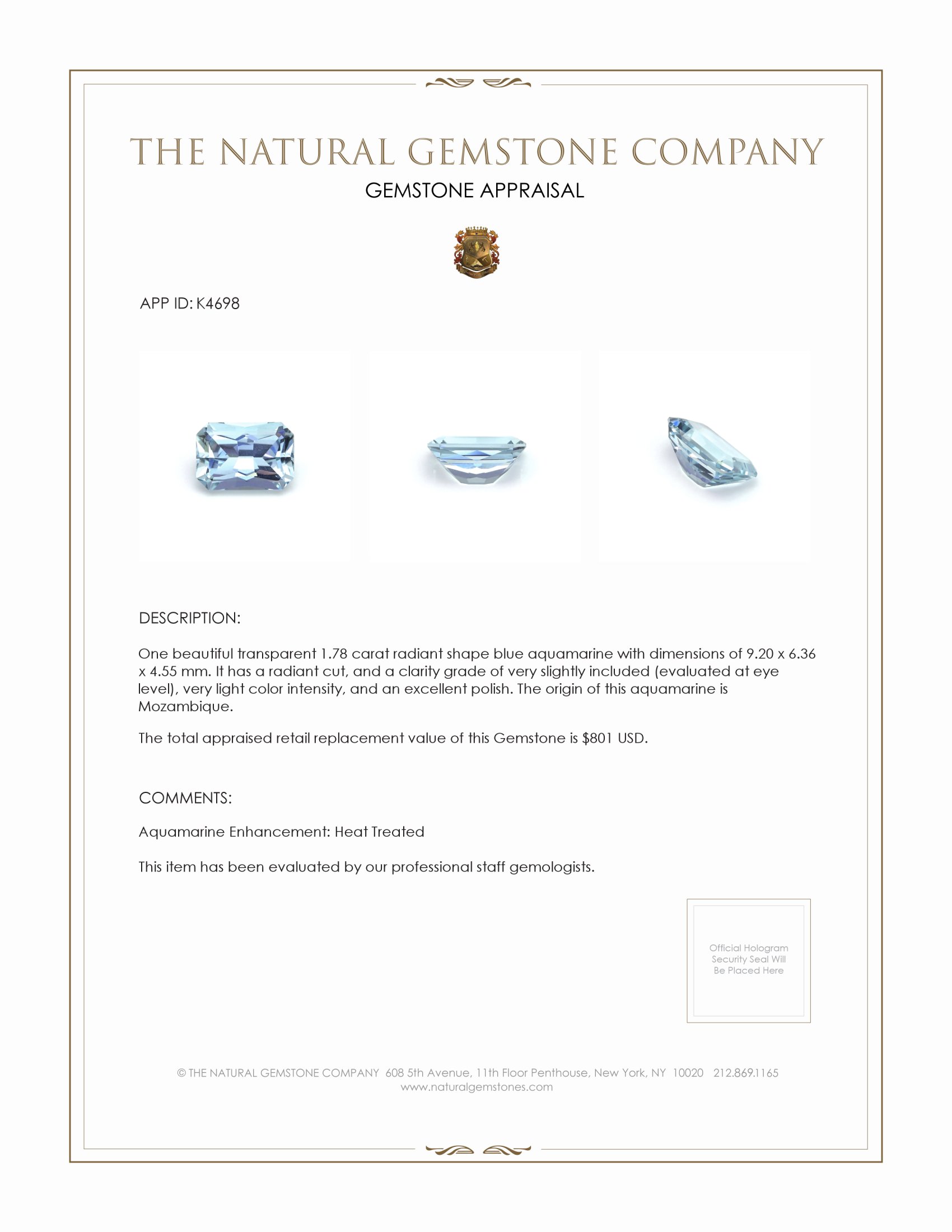 1.78 Ct. Blue Aquamarine from Mozambique