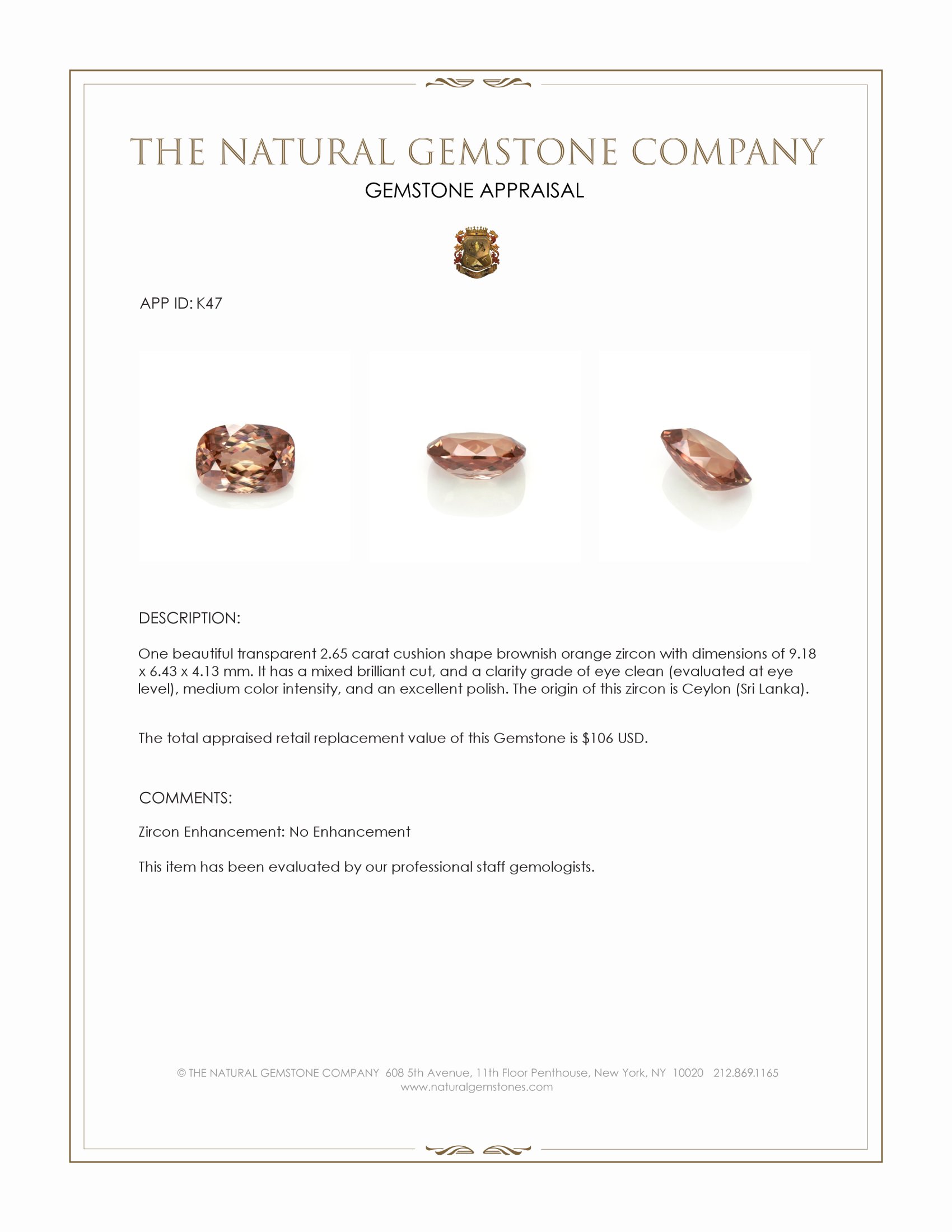 2.65 Ct. Orangish Brown Zircon from Ceylon (Sri Lanka)