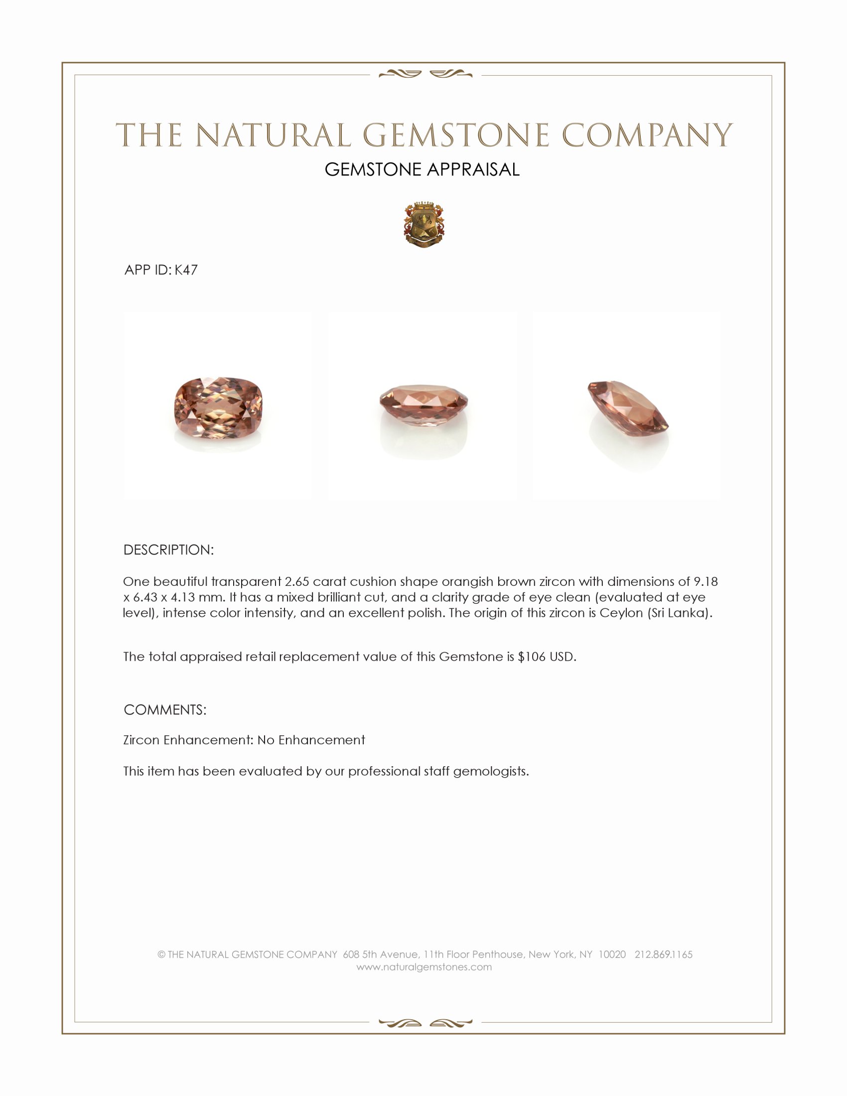 2.65 Ct. Orangish Brown Zircon from Ceylon (Sri Lanka)