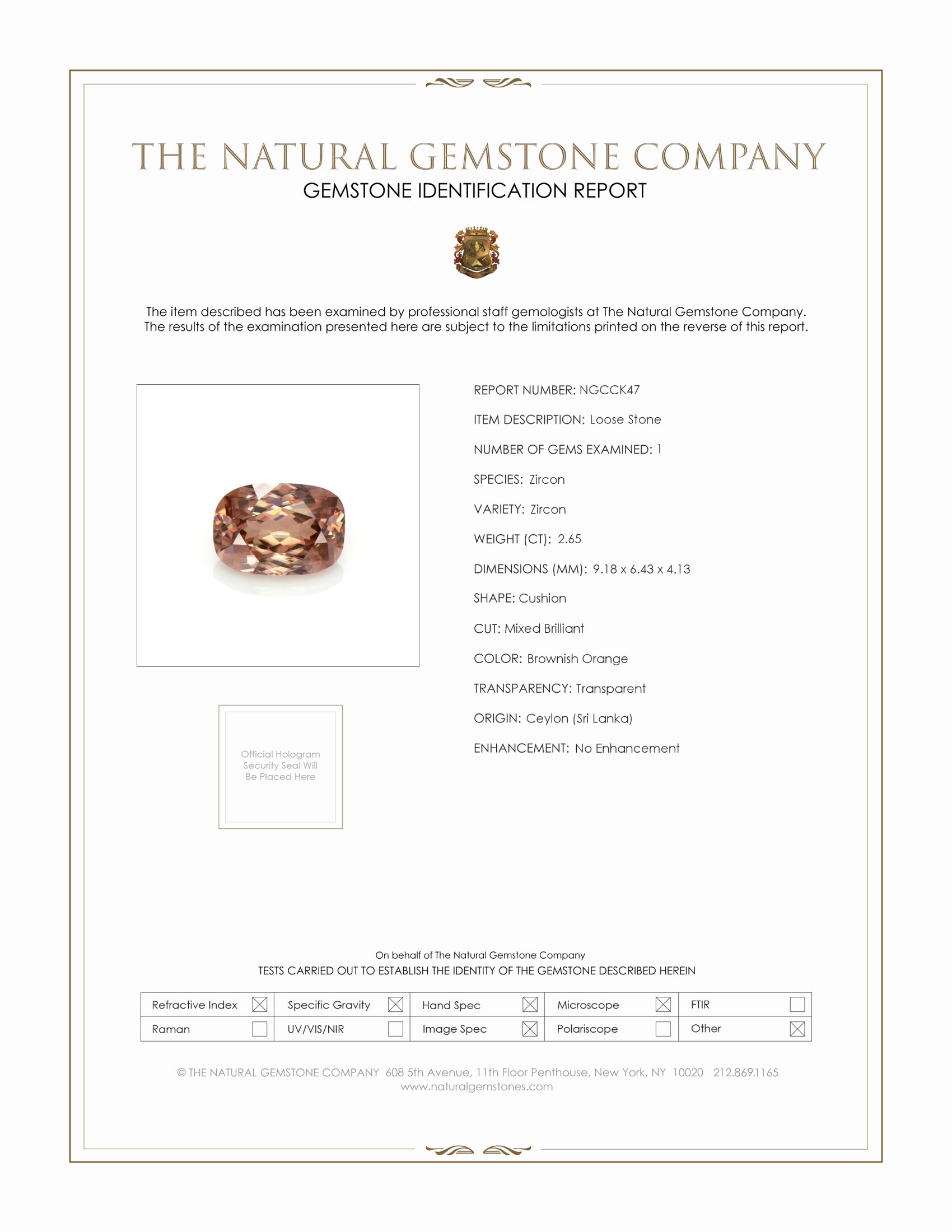 2.65 Ct. Orangish Brown Zircon from Ceylon (Sri Lanka)