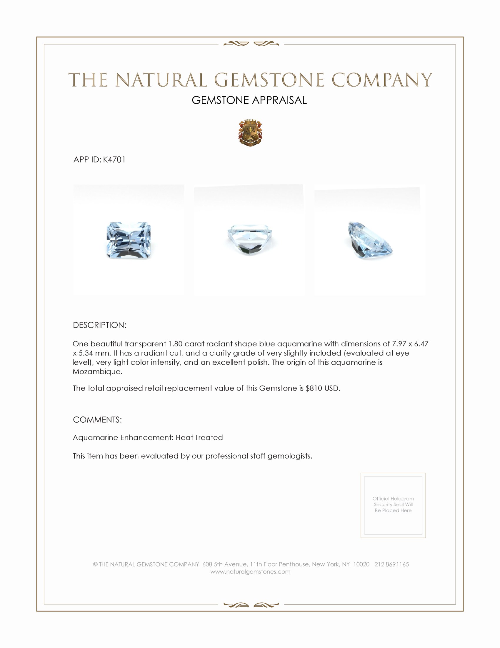 1.80 Ct. Blue Aquamarine from Mozambique