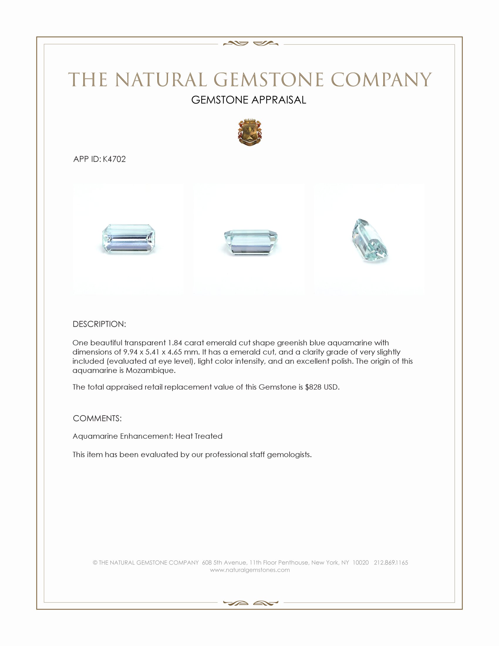 1.84 Ct. Greenish Blue Aquamarine from Mozambique