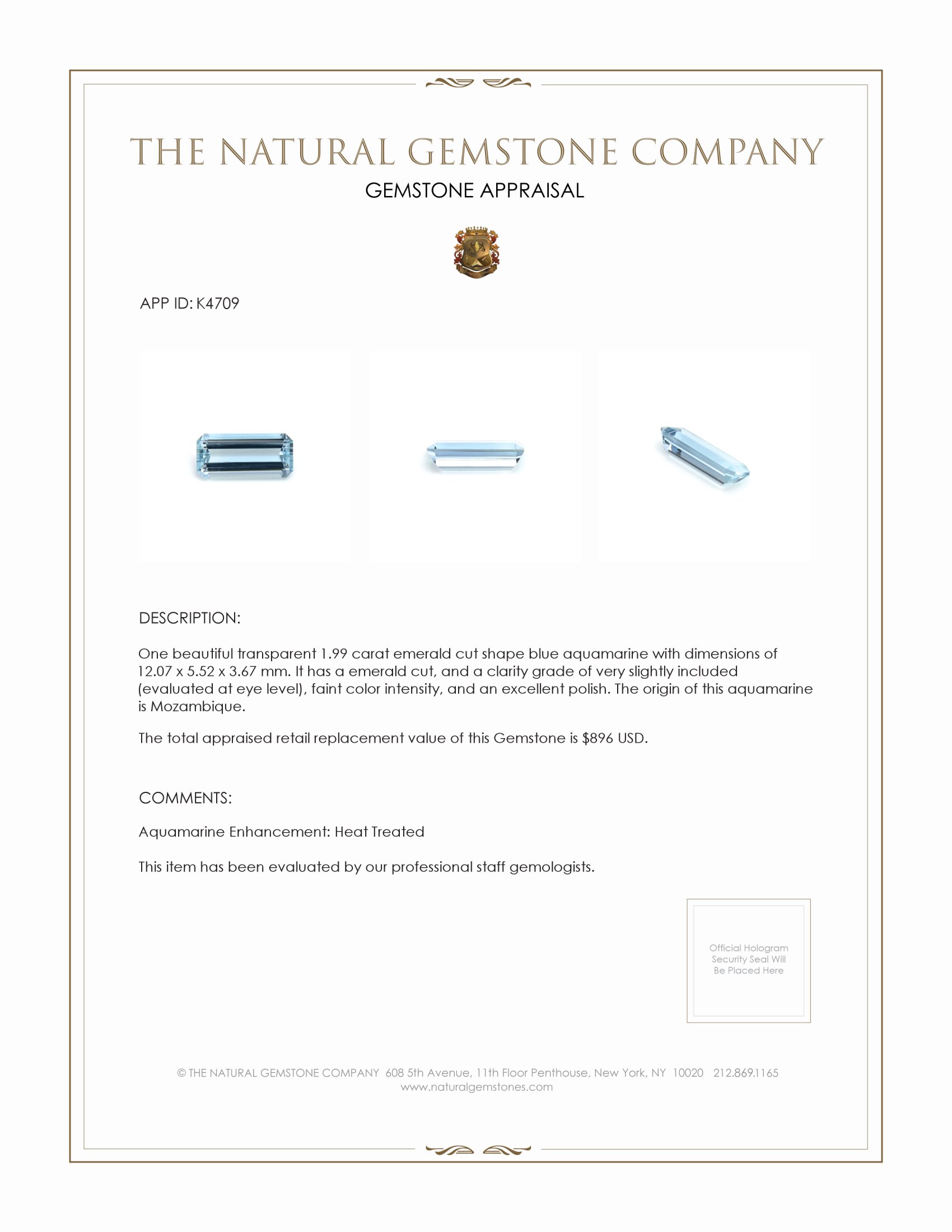 1.99 Ct. Blue Aquamarine from Mozambique