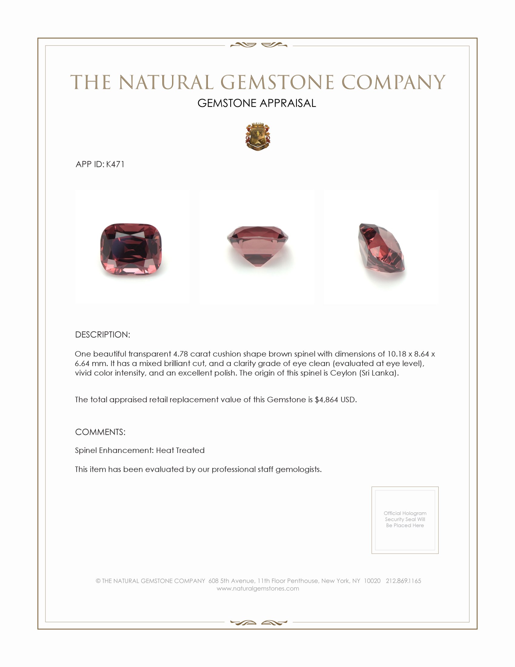 4.78 Ct. Spinel from Ceylon (Sri Lanka)