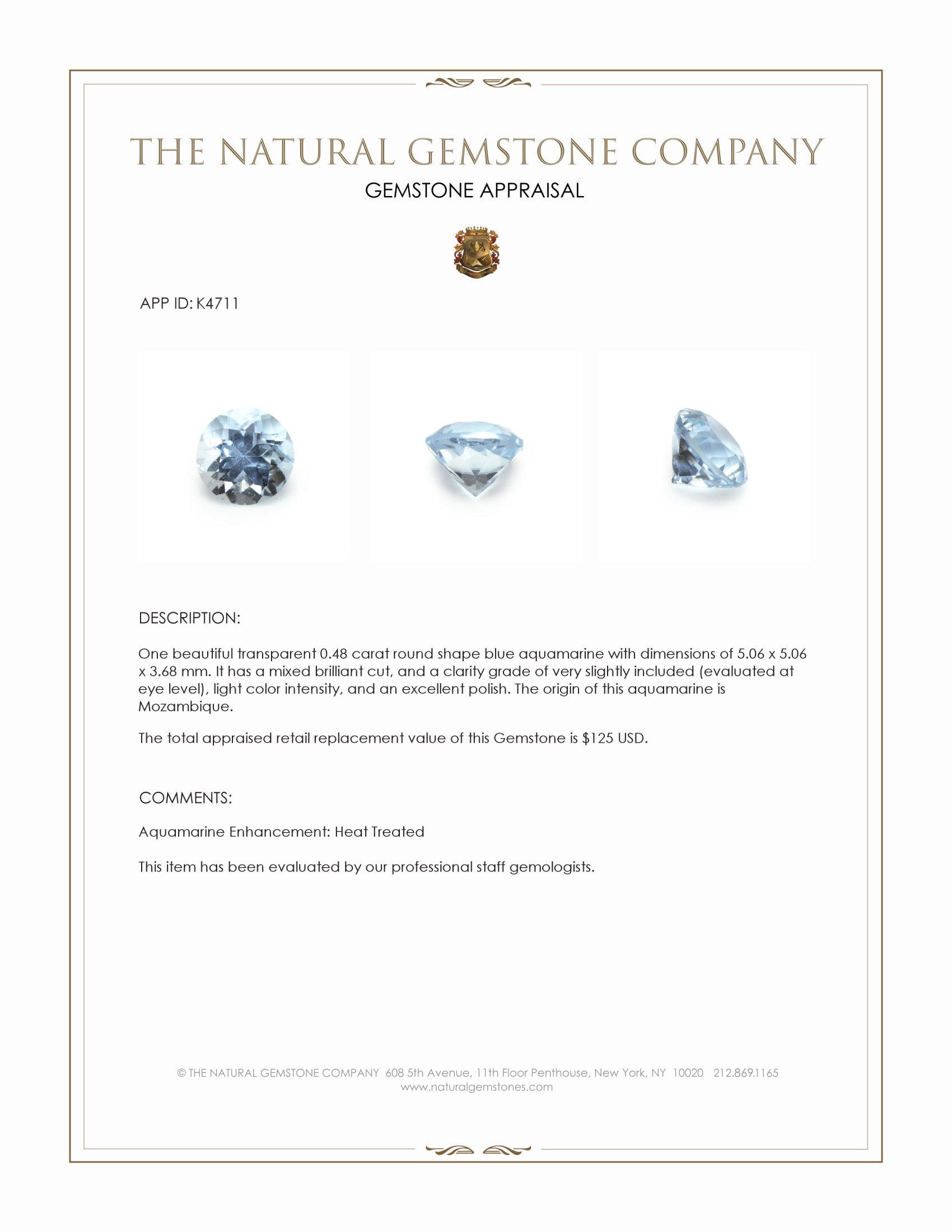 0.48 Ct. Blue Aquamarine from Mozambique