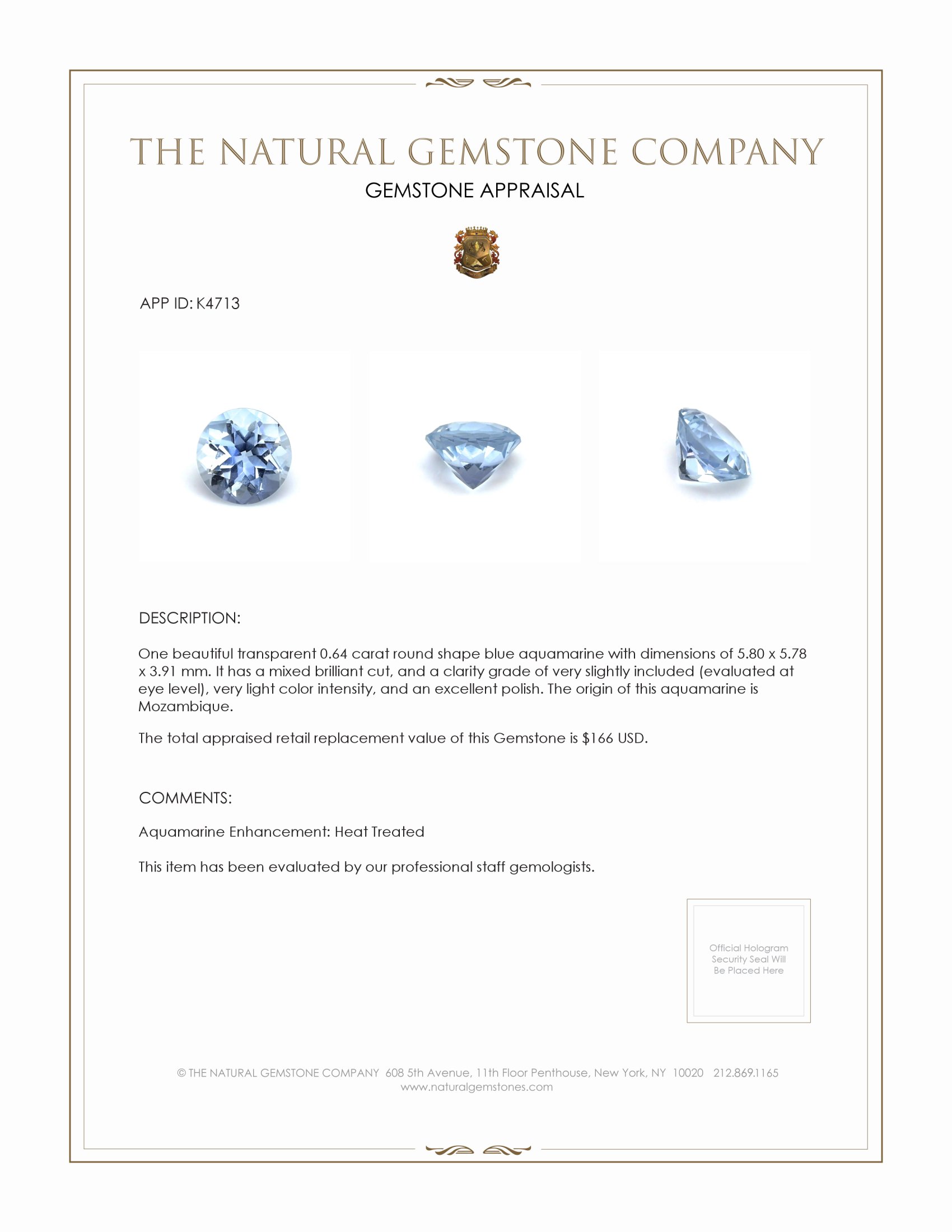 0.64 Ct. Aquamarine from Mozambique