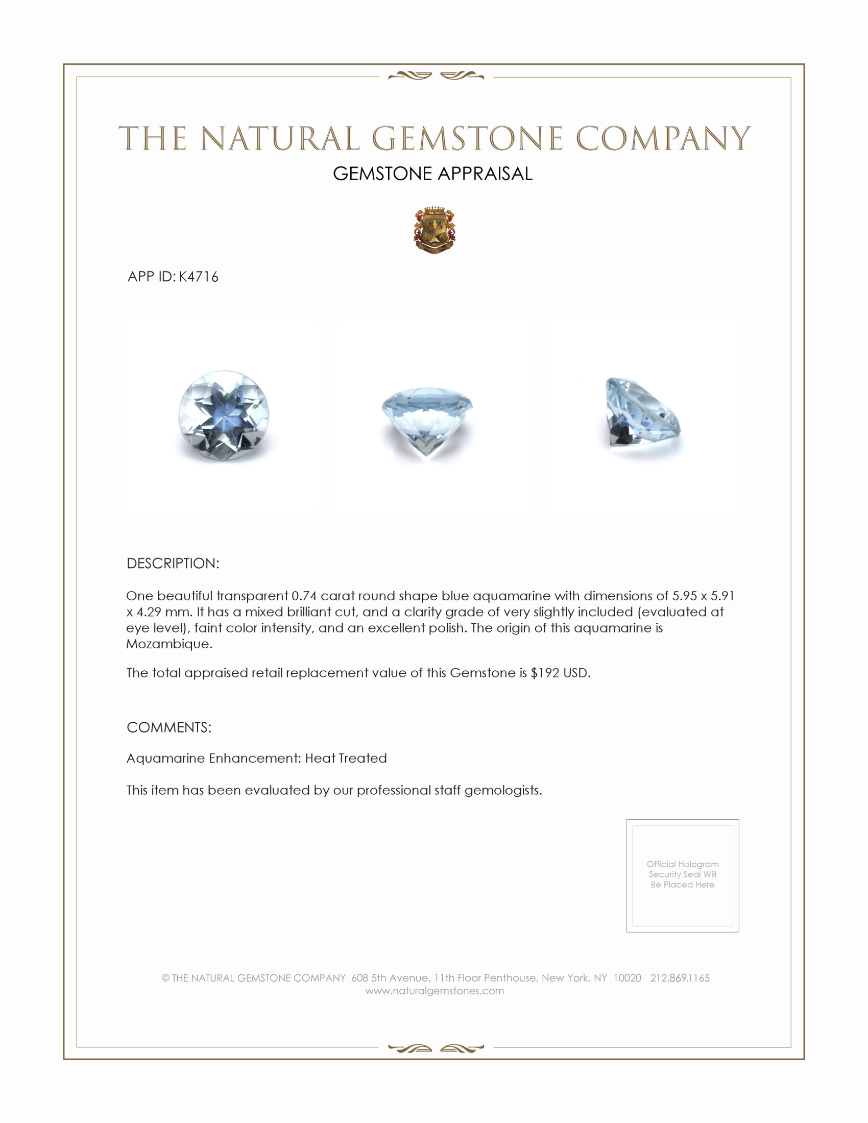 0.74 Ct. Aquamarine from Mozambique