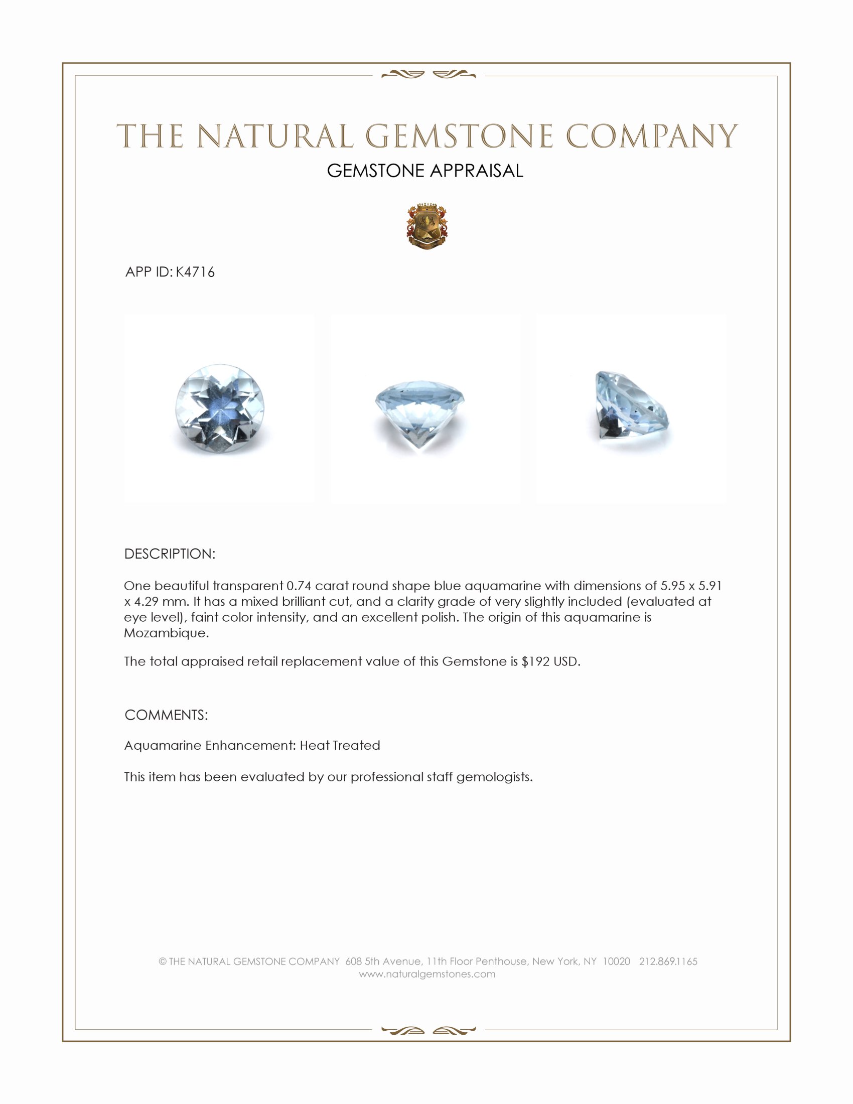 0.74 Ct. Aquamarine from Mozambique