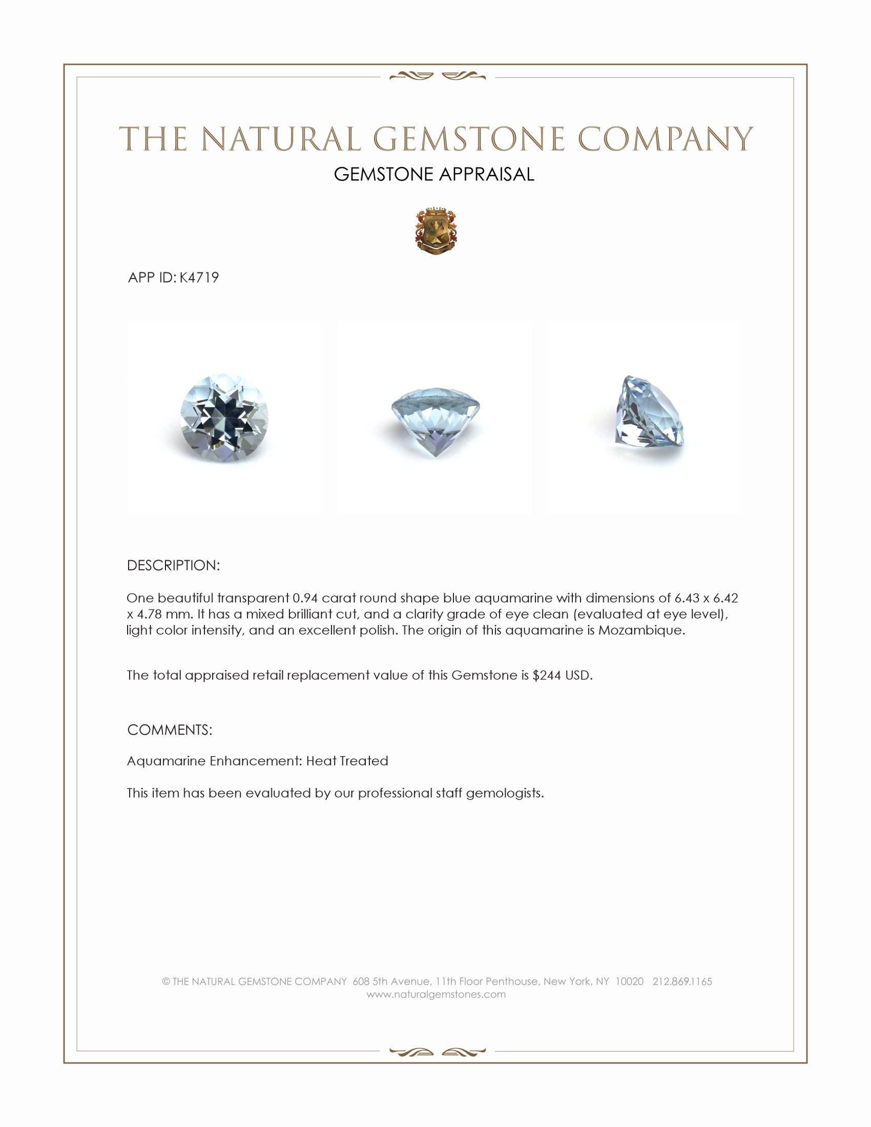 0.94 Ct. Blue Aquamarine from Mozambique