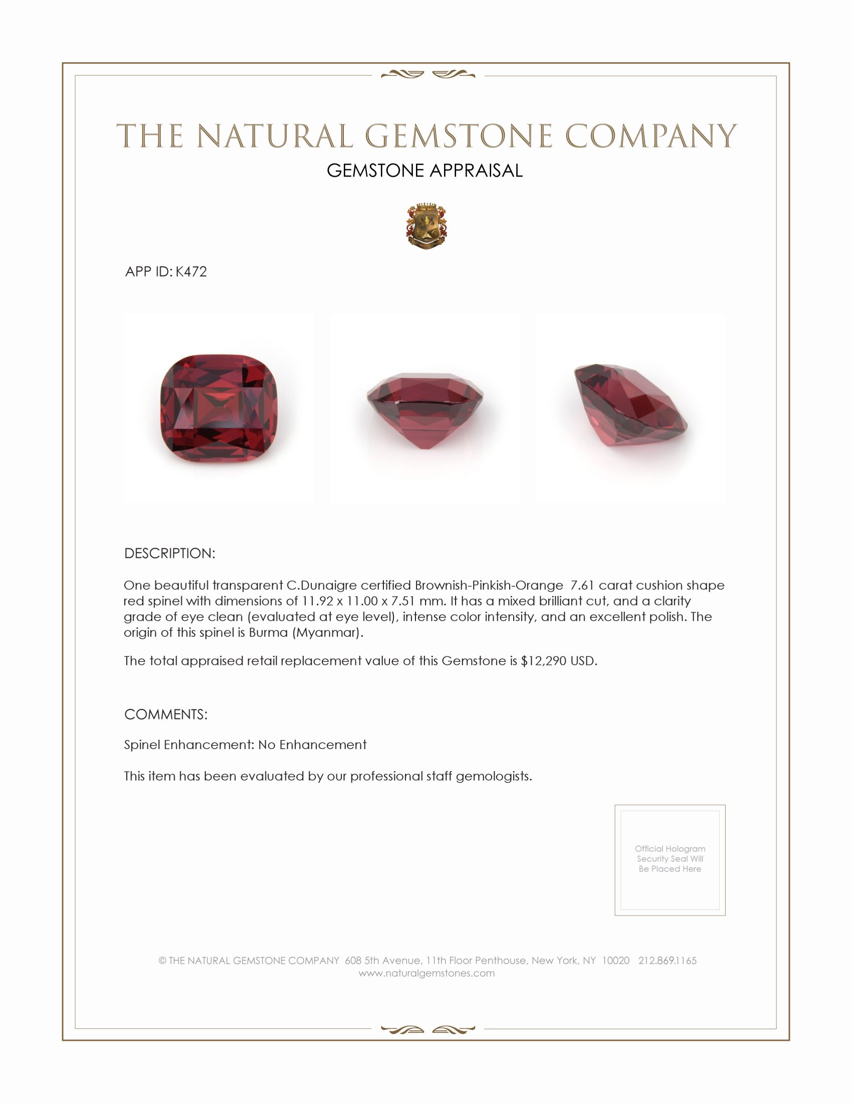 7.61 Ct. Spinel from Burma (Myanmar)