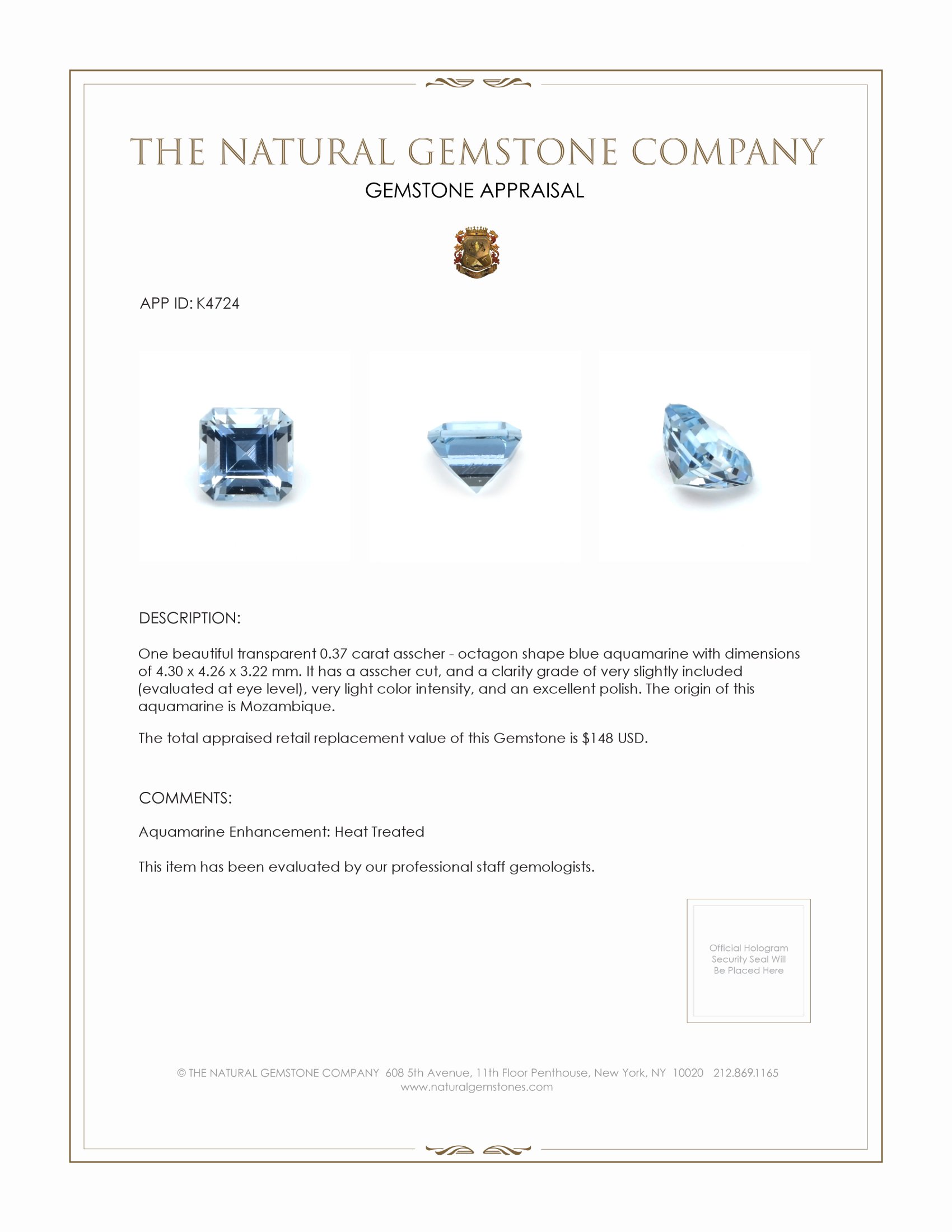 0.37 Ct. Aquamarine from Mozambique