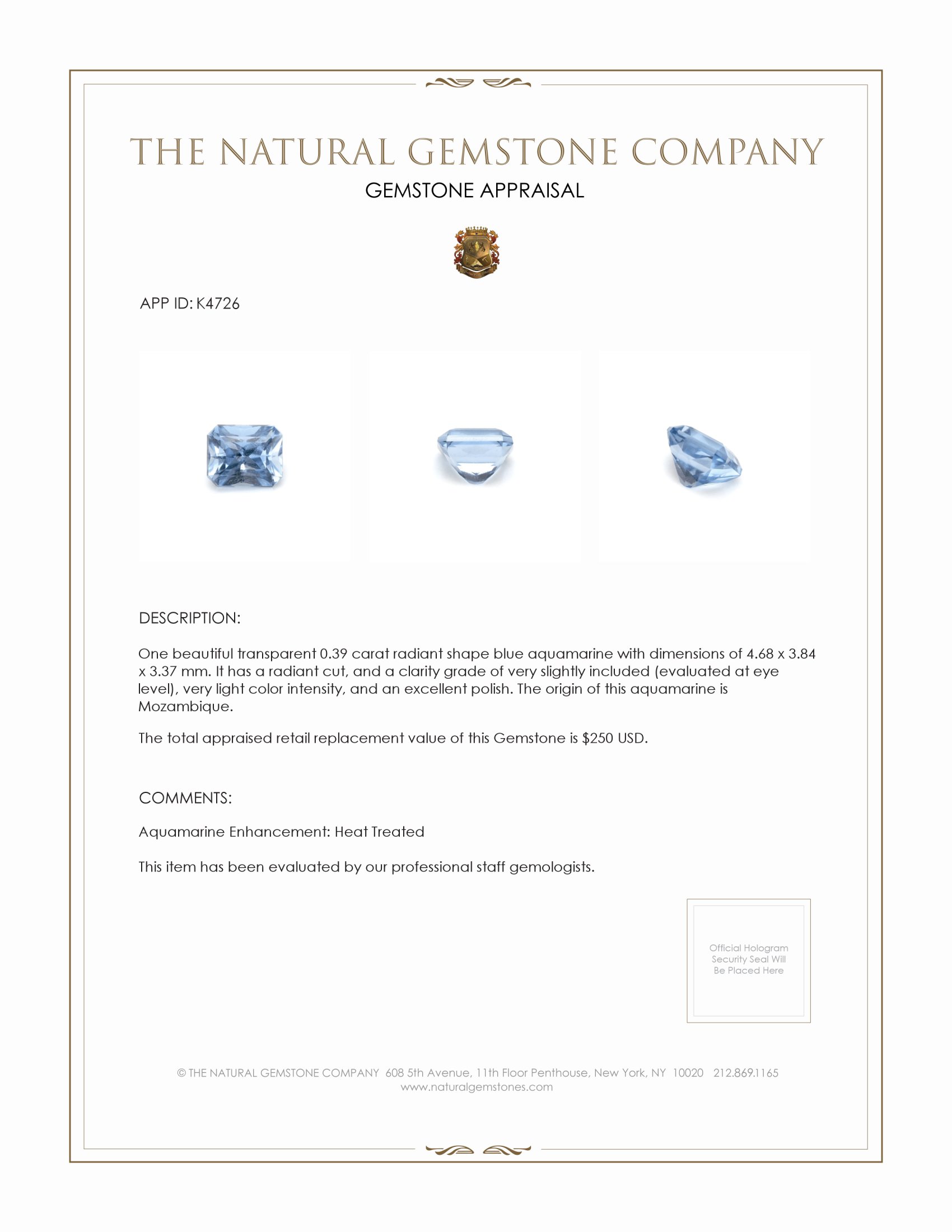 0.39 Ct. Aquamarine from Mozambique