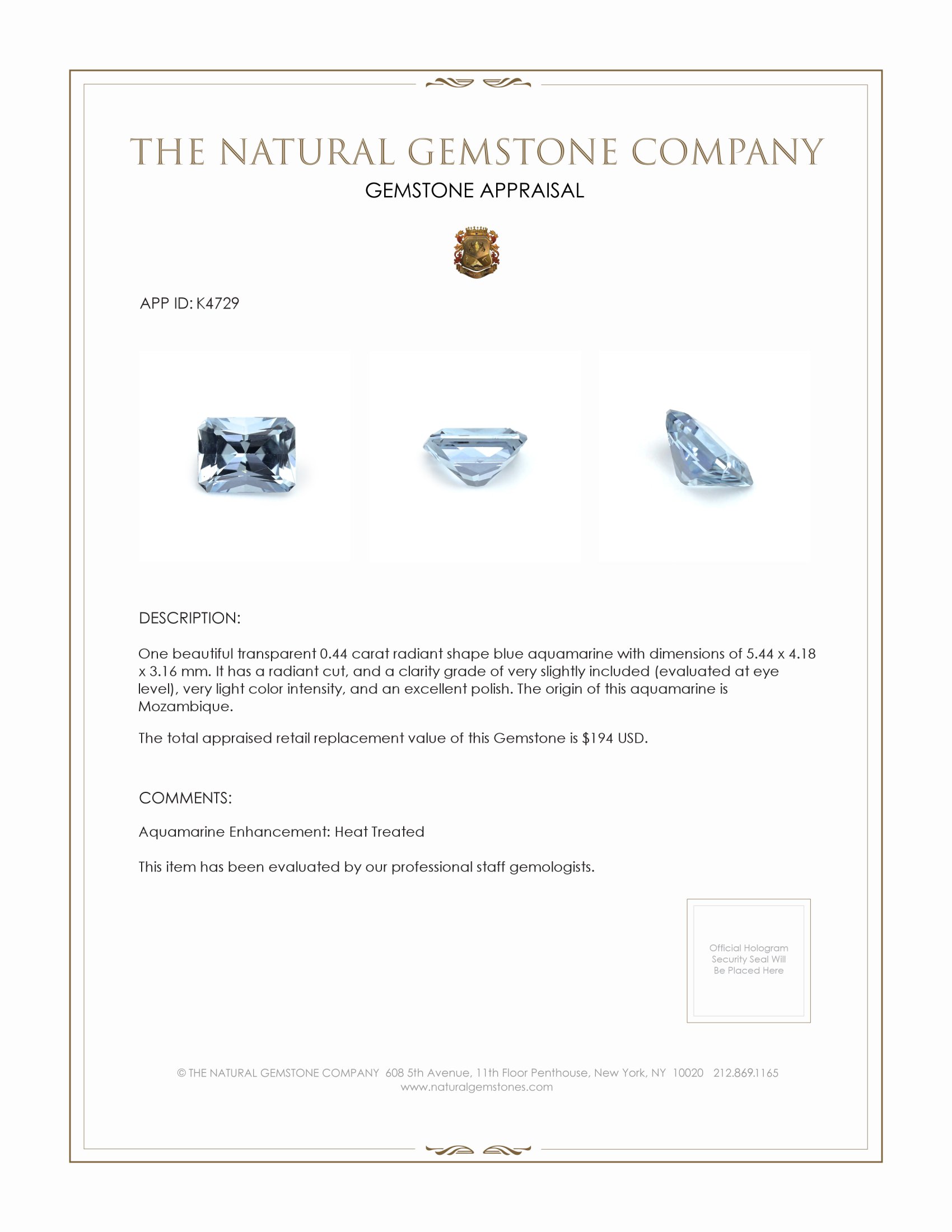0.44 Ct. Aquamarine from Mozambique