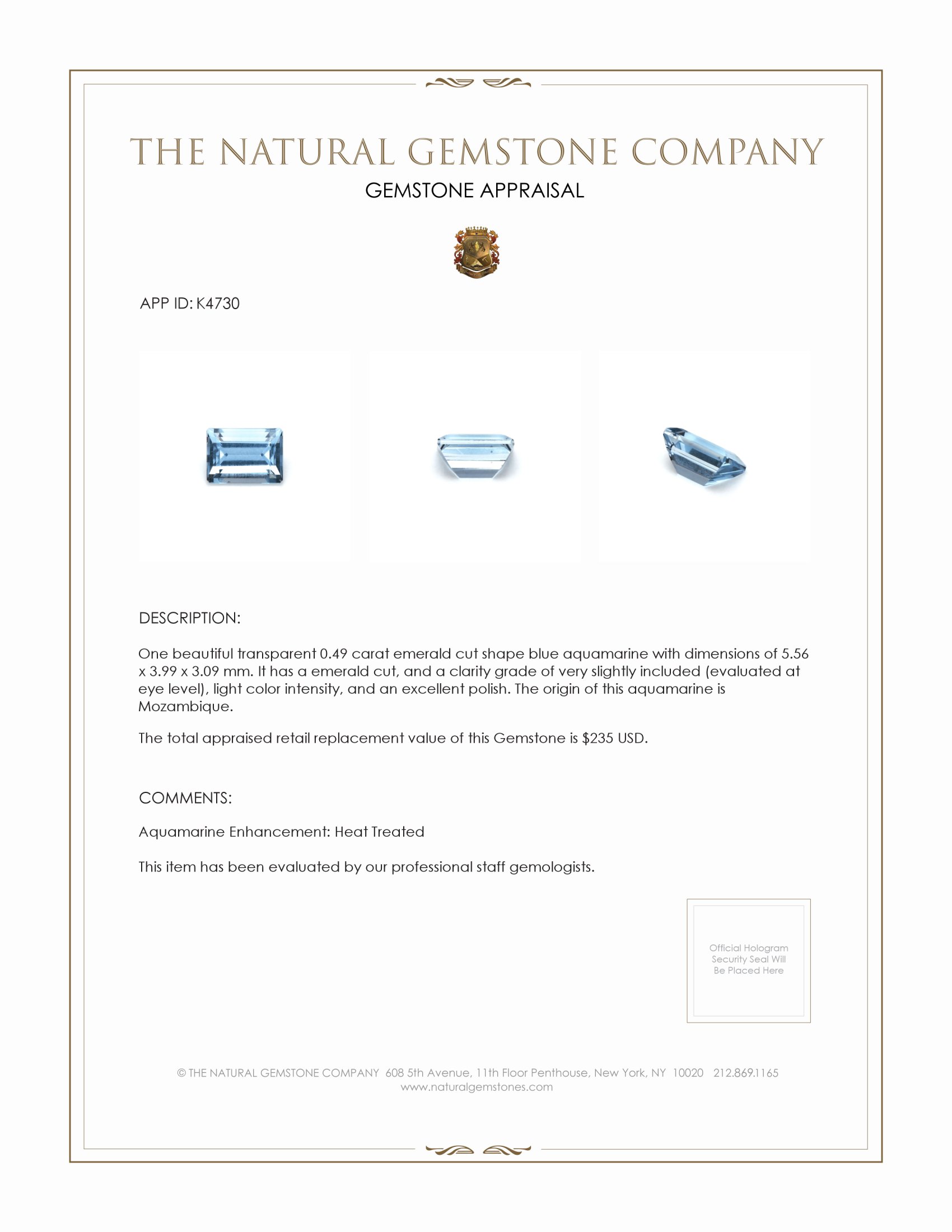 0.49 Ct. Aquamarine from Mozambique