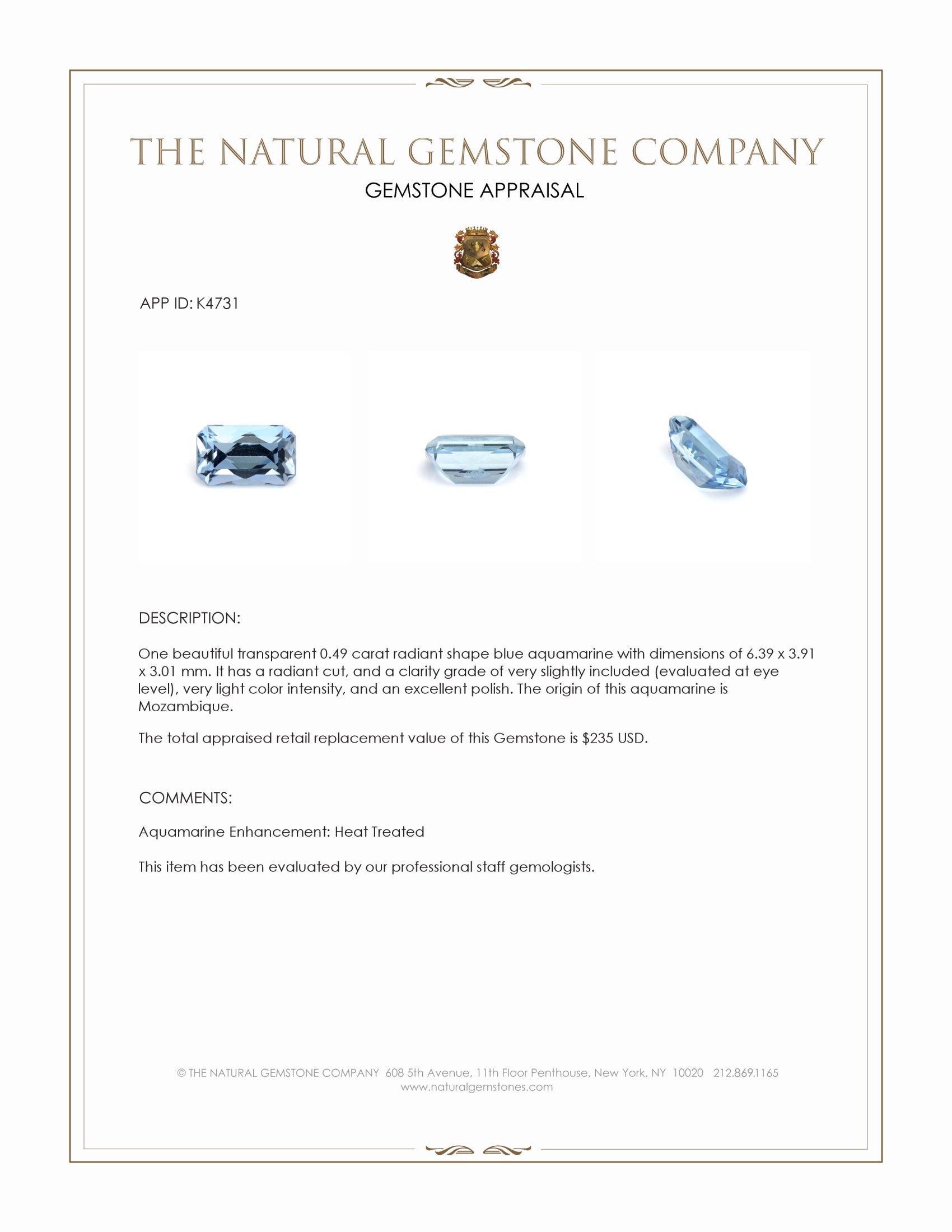 0.49 Ct. Aquamarine from Mozambique