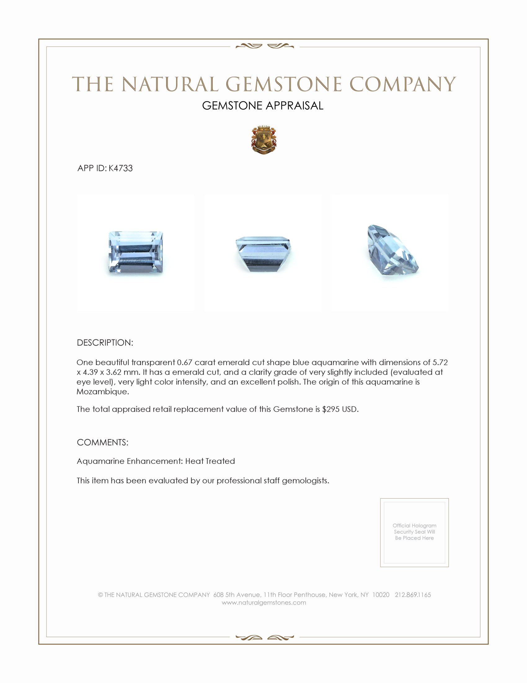 0.67 Ct. Aquamarine from Mozambique