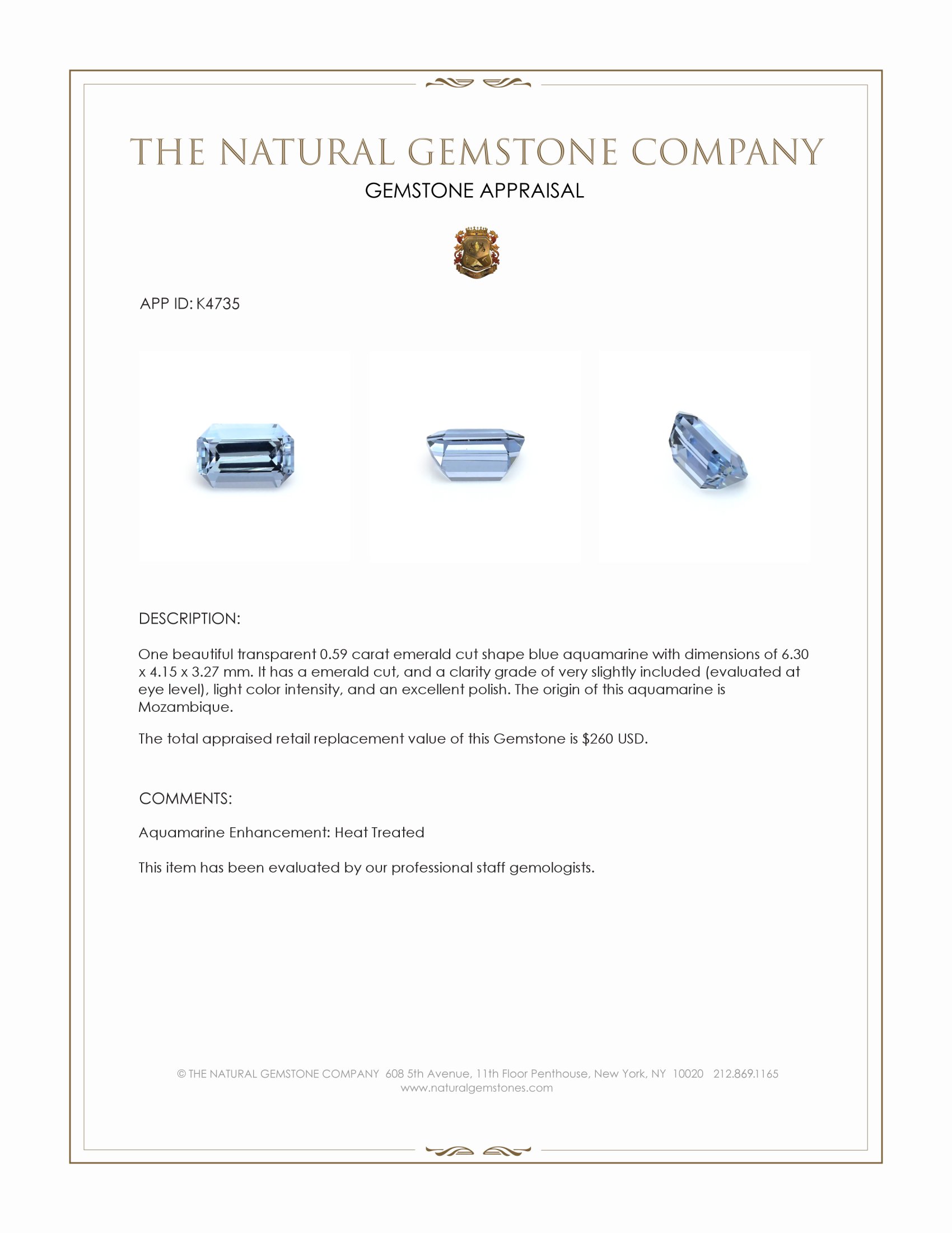 0.59 Ct. Blue Aquamarine from Mozambique