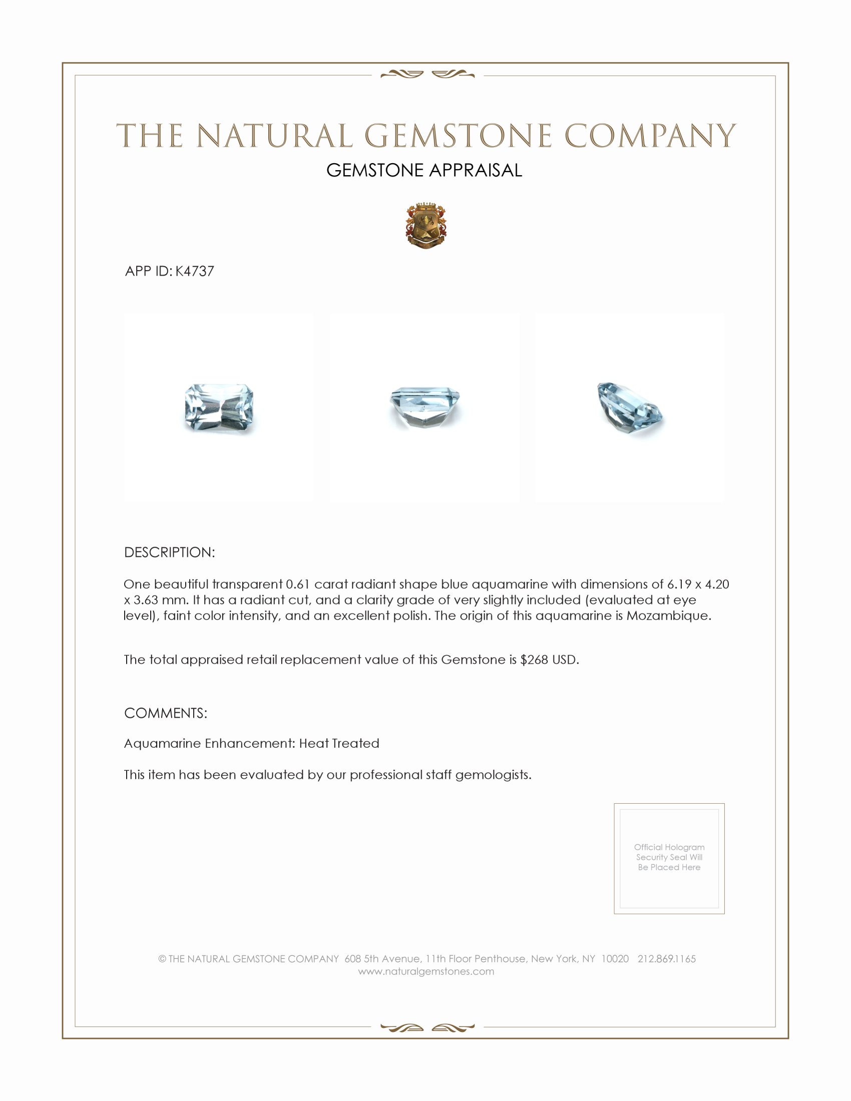 0.61 Ct. Aquamarine from Mozambique