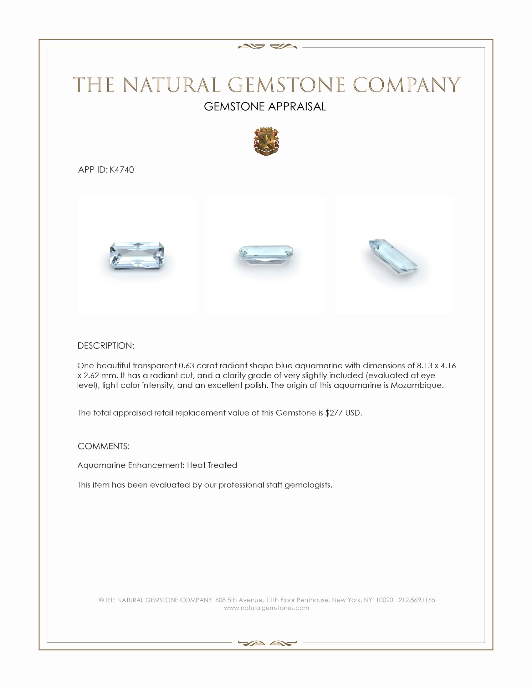 0.63 Ct. Blue Aquamarine from Mozambique