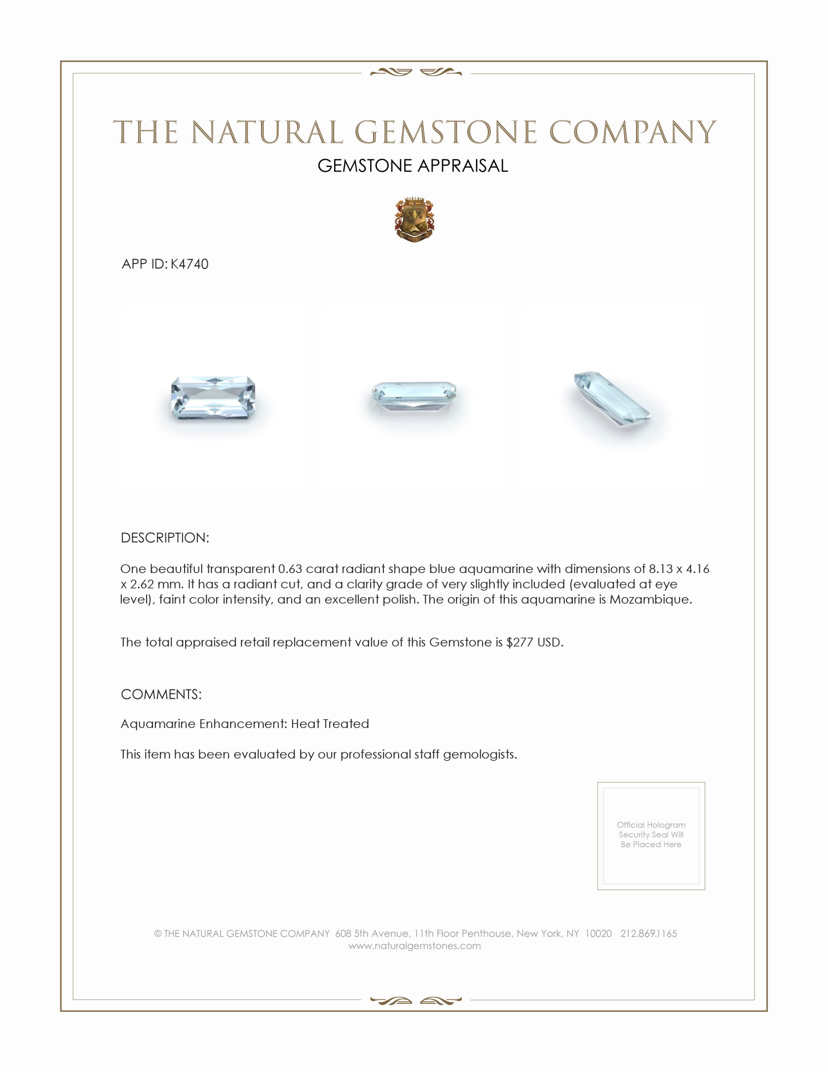 0.63 Ct. Aquamarine from Mozambique