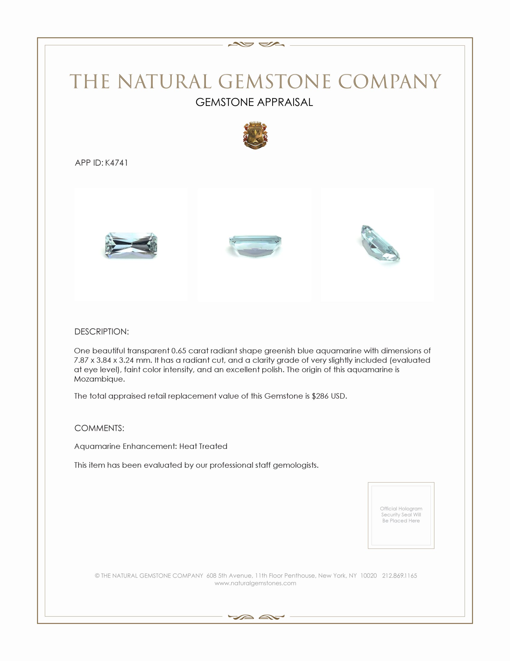 0.65 Ct. Greenish Blue Aquamarine from Mozambique