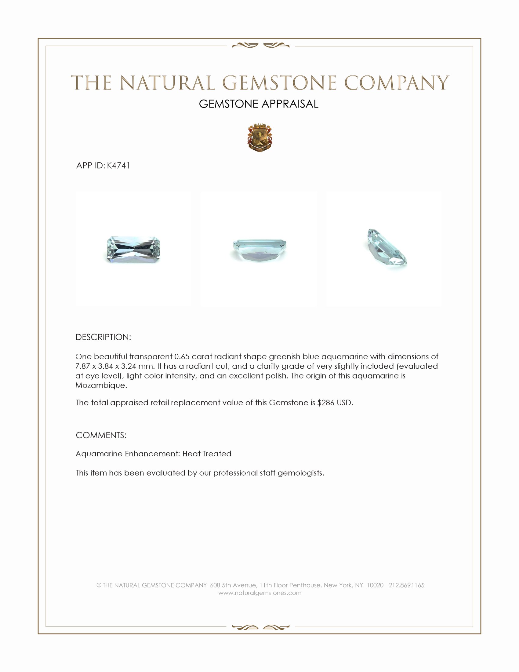 0.65 Ct. Greenish Blue Aquamarine from Mozambique